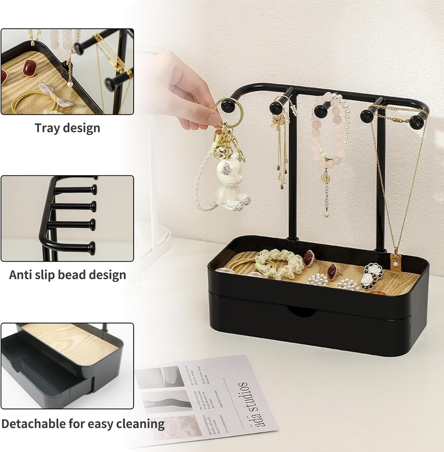 Industrial Jewelry Organizer with Wooden Tray - Necklace Holder & Storage for Women - Black - Gift Idea