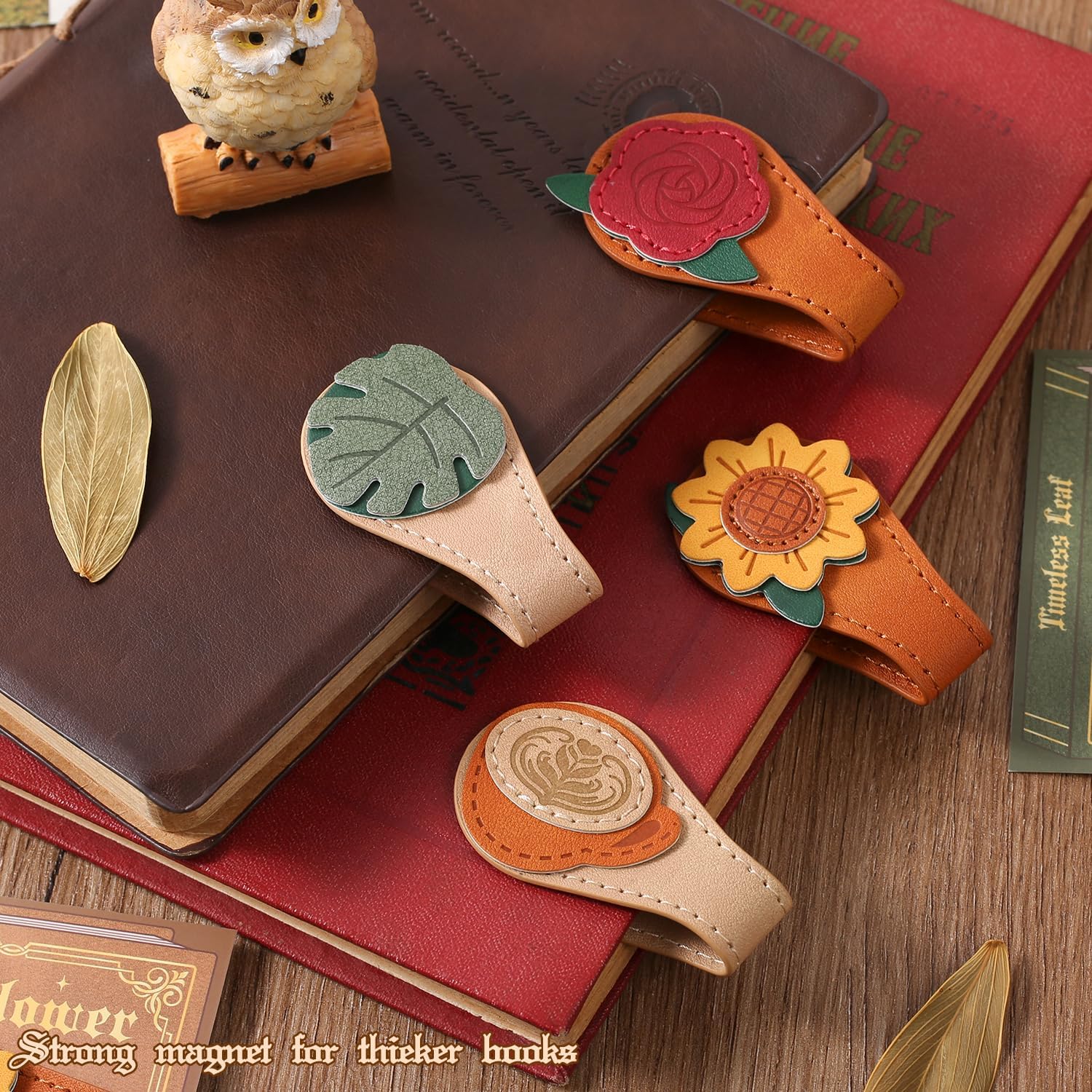 Set of 4 Magnetic Bookmarks - Leather & Vintage Design - Perfect Gift for Book Lovers & Readers