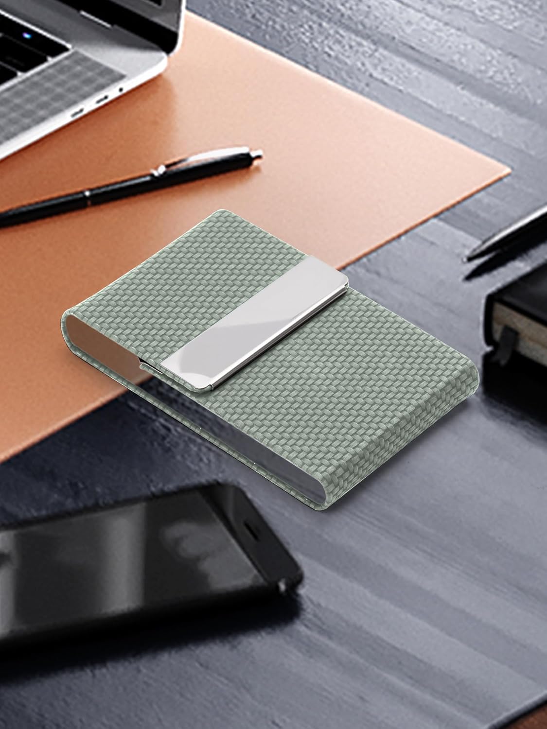 Men's Leather & Stainless Steel Magnetic Business Card Holder - Premium PU Leather & Metal Card Case - Forest Green