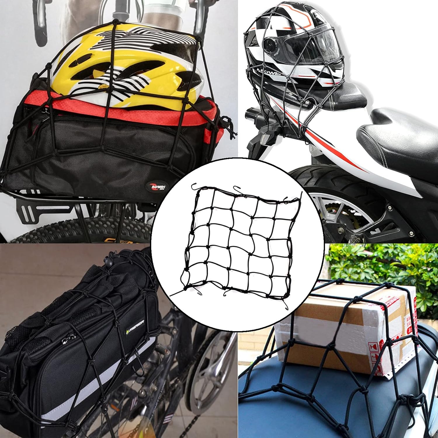2 Pack 40x40cm Elastic Motorcycle Cargo Net with 6 Anti-Scratch Hooks for Scooter Helmet Storage - Black