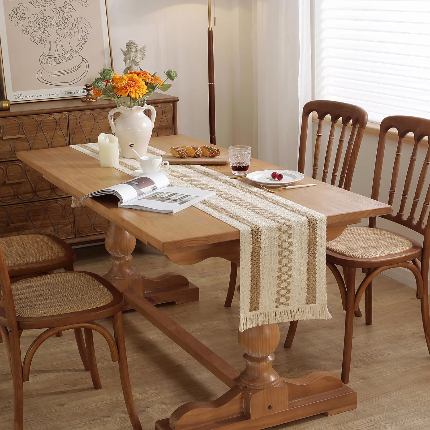 Boho Style Cotton Linen Table Runner 30x180cm Brush Design Durable Brown