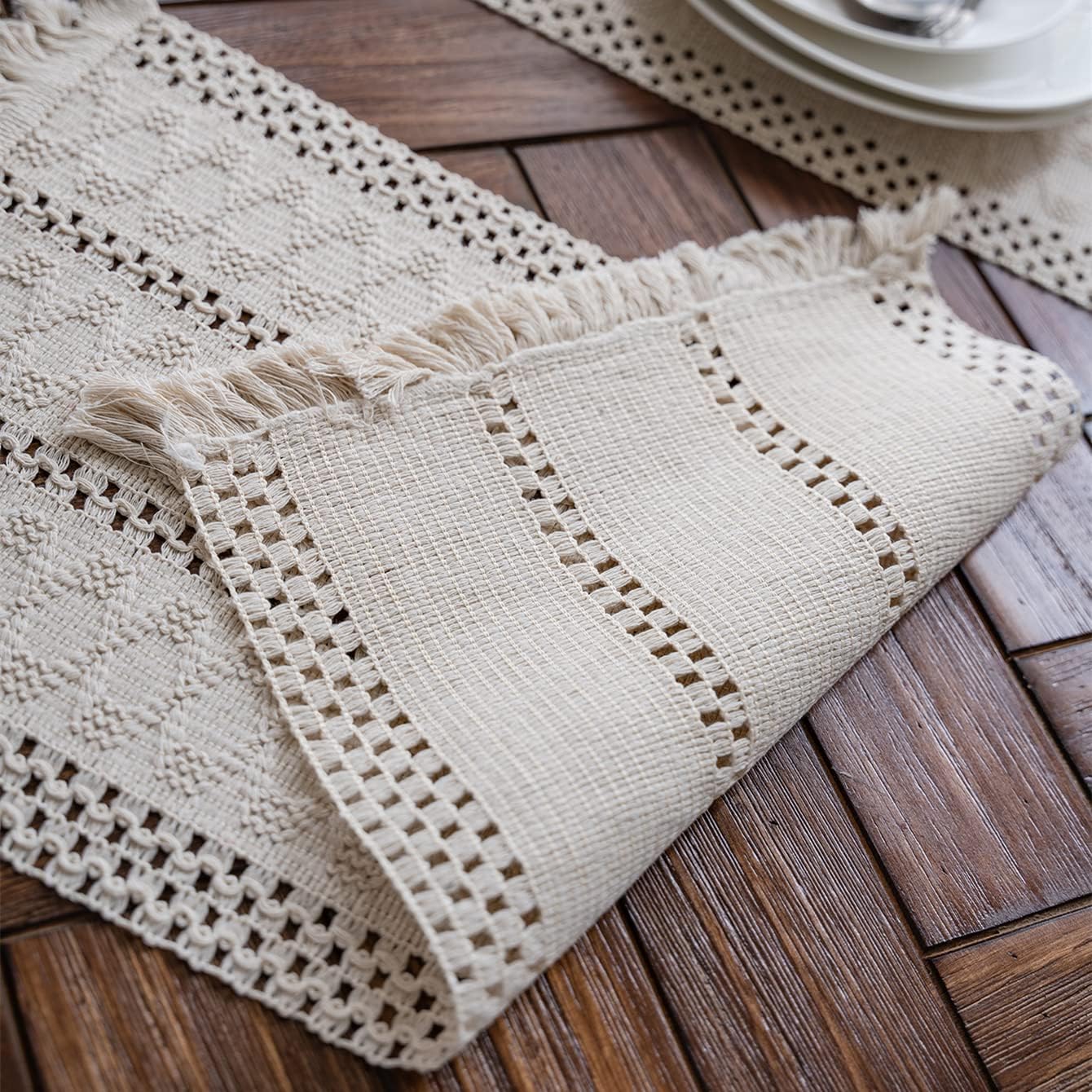 Macramé Table Runner 30x180 cm Handmade Cotton Linen Boho Style Beige Decorative Tablecloth