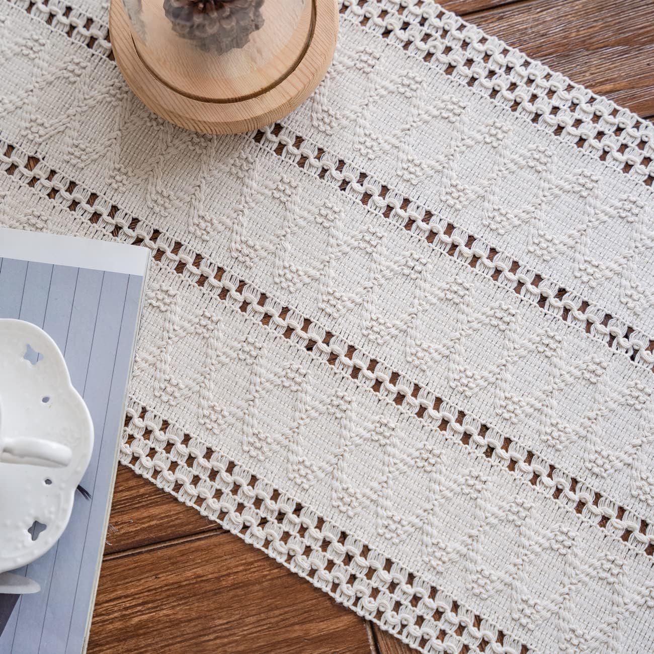 Macramé Table Runner 30x180 cm Handmade Cotton Linen Boho Style Beige Decorative Tablecloth