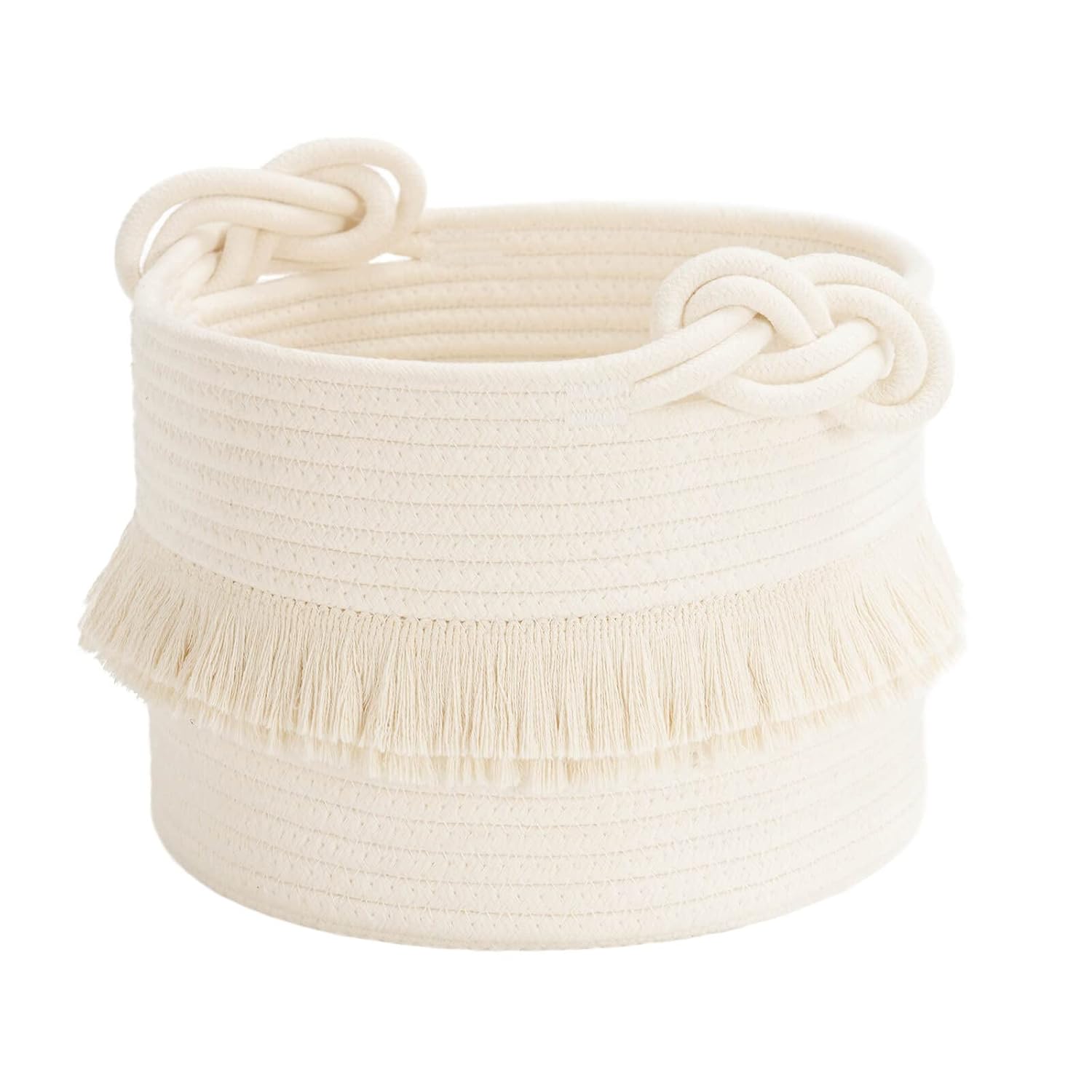 Cotton Storage Basket with Tassels 18x24cm White Decorative Woven Organizer for Bedroom Living Room Kids Room Boho Style