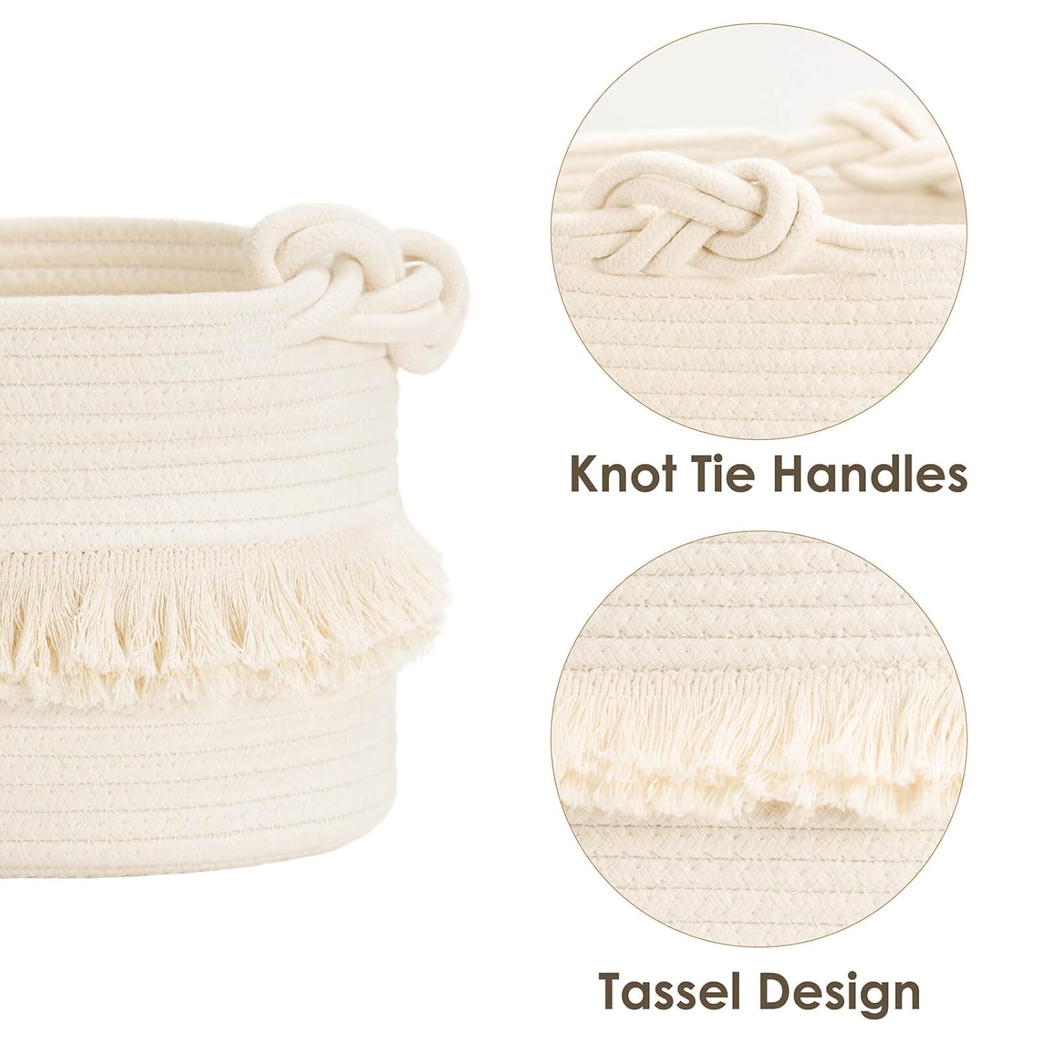Cotton Storage Basket with Tassels 18x24cm White Decorative Woven Organizer for Bedroom Living Room Kids Room Boho Style