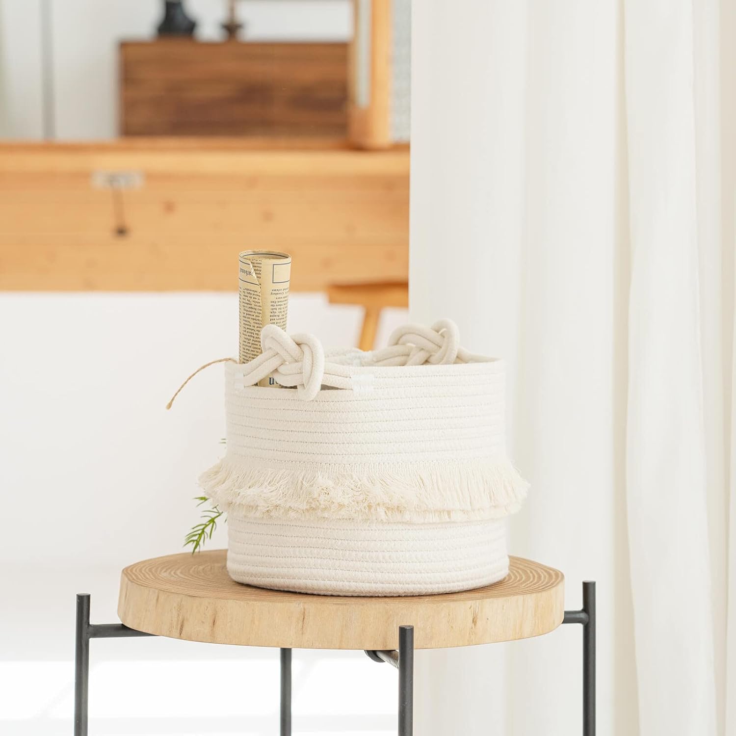 Cotton Storage Basket with Tassels 18x24cm White Decorative Woven Organizer for Bedroom Living Room Kids Room Boho Style