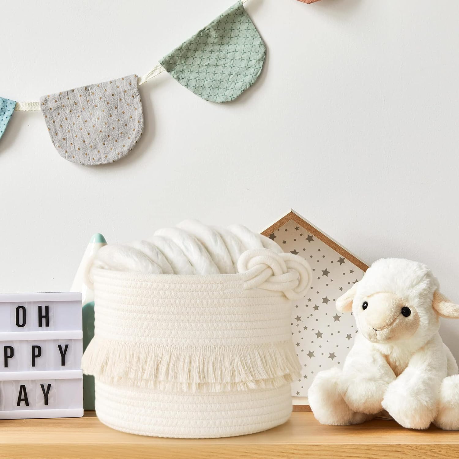 Cotton Storage Basket with Tassels 18x24cm White Decorative Woven Organizer for Bedroom Living Room Kids Room Boho Style