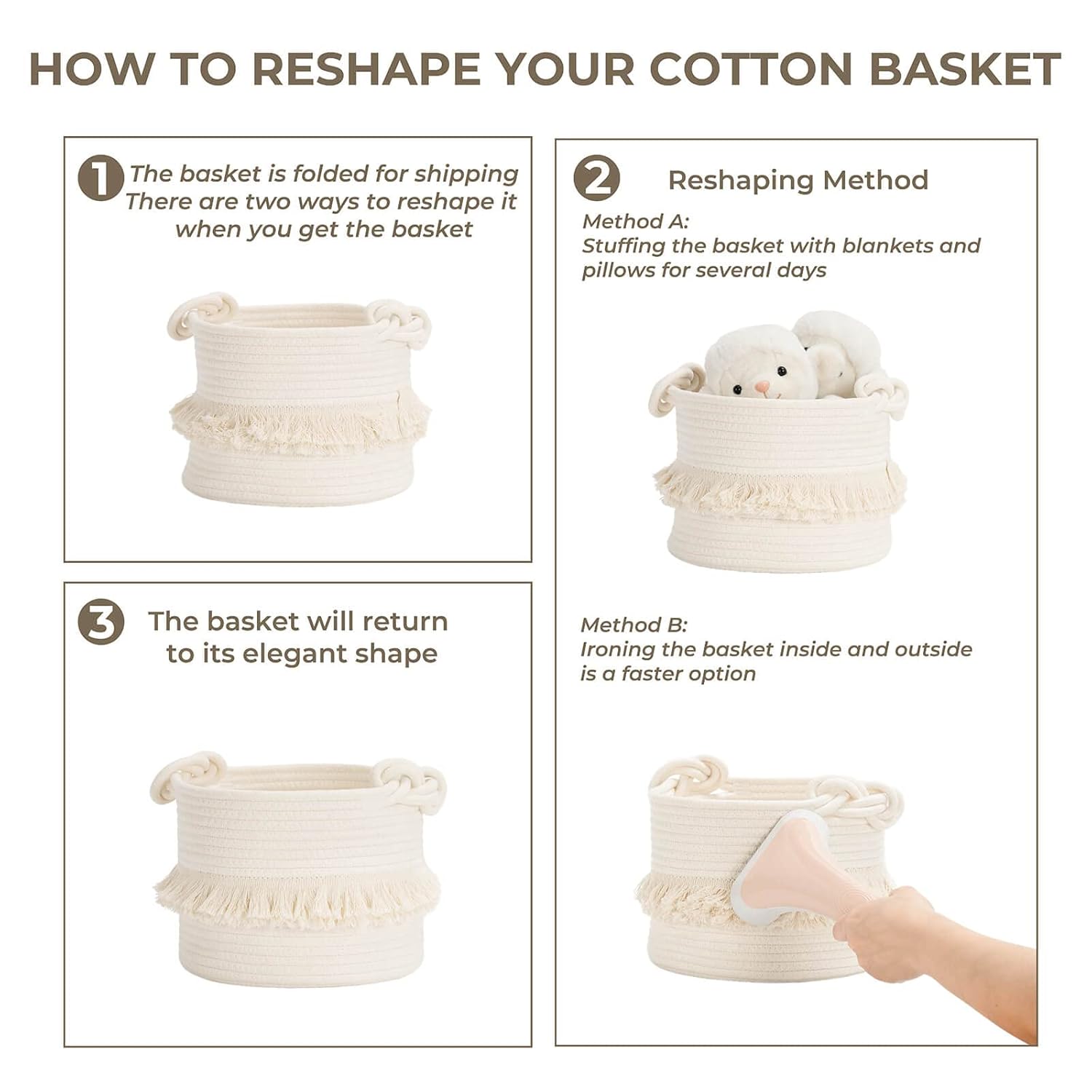 Cotton Storage Basket with Tassels 18x24cm White Decorative Woven Organizer for Bedroom Living Room Kids Room Boho Style
