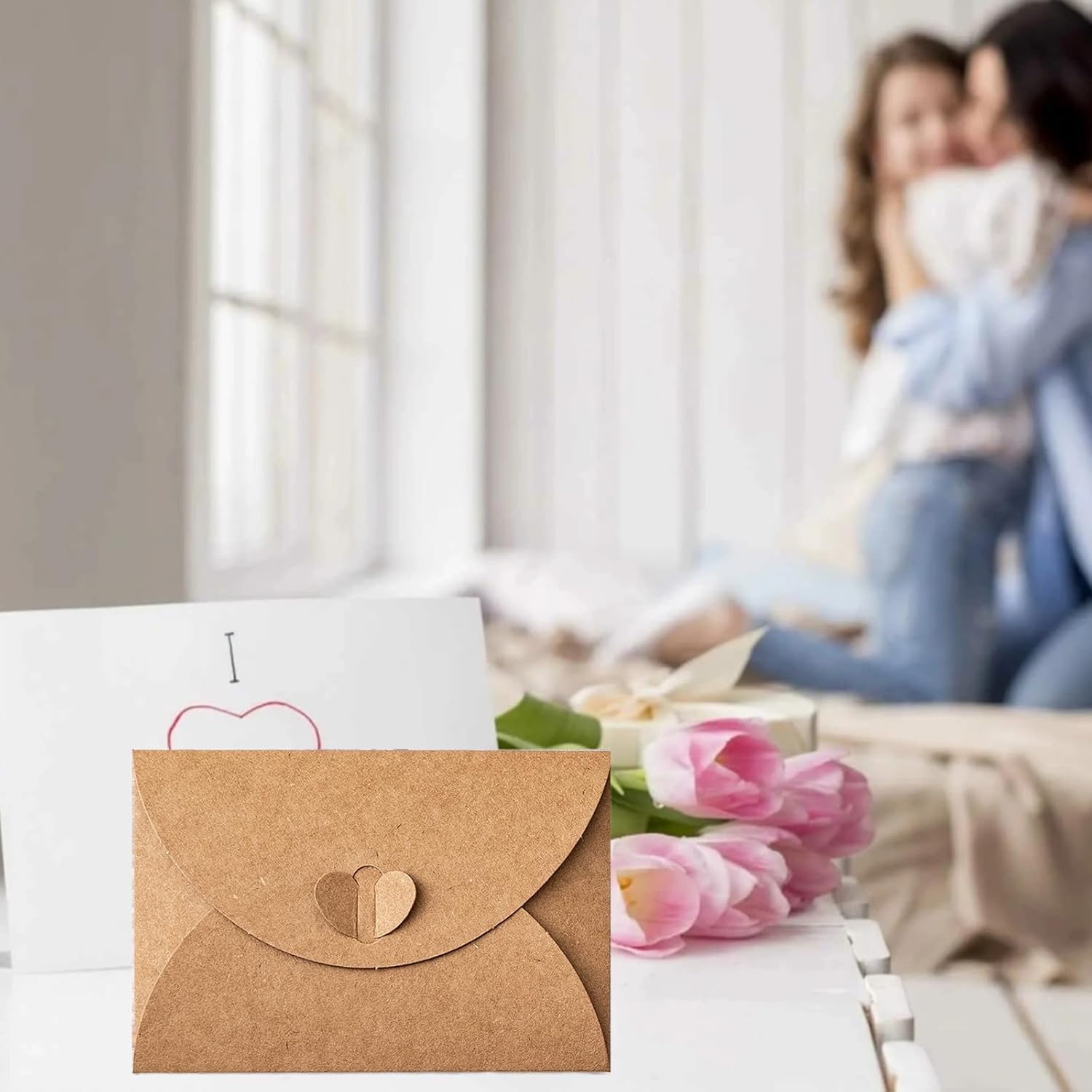 10 Pack Brown Kraft Paper Envelopes with Heart Closure 10.5x7 cm