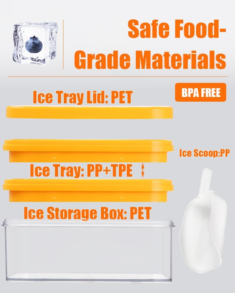 Ice Cube Tray with Lid&Bin, Ice Cube Mold with 56 Cubes, Stackable Ice Trays for Freezer with Easy-Release Silicone Bottom, for Drinks, Coffee, cocktail