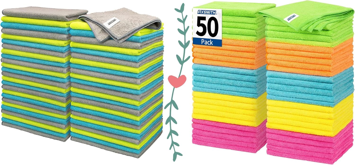 16"X12"Microfiber Cleaning Cloth - Pack of 50 100 Pack Reusable Shop Towels with 5 Colors Green/Blue/Yellow/Orange/Pink , 12"X12"