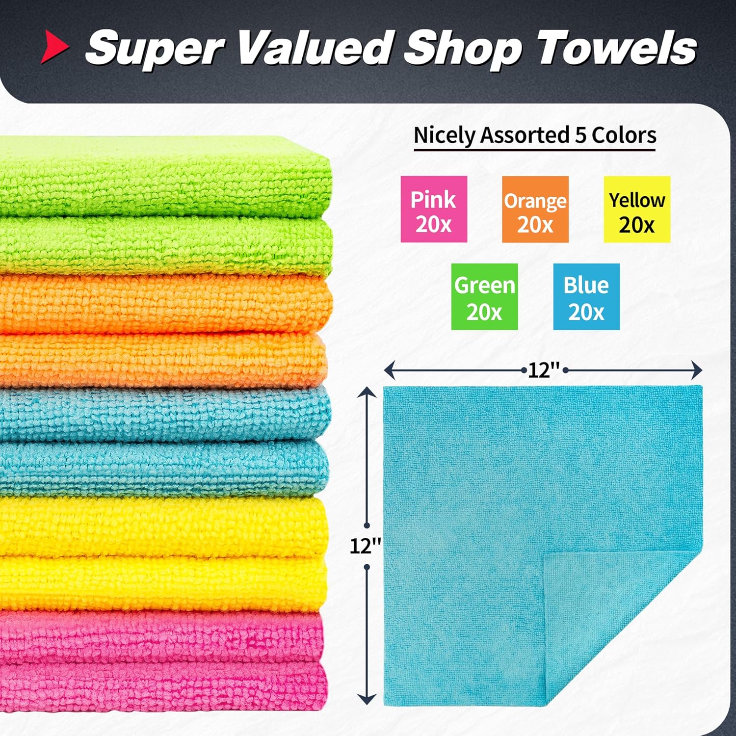 Microfiber Cleaning Cloth - Pack of 50, Multi-Functional Towels, Size: 12 x 16 in& Microfiber Cleaning Cloth Bulk, 100 Pack Shop Towels