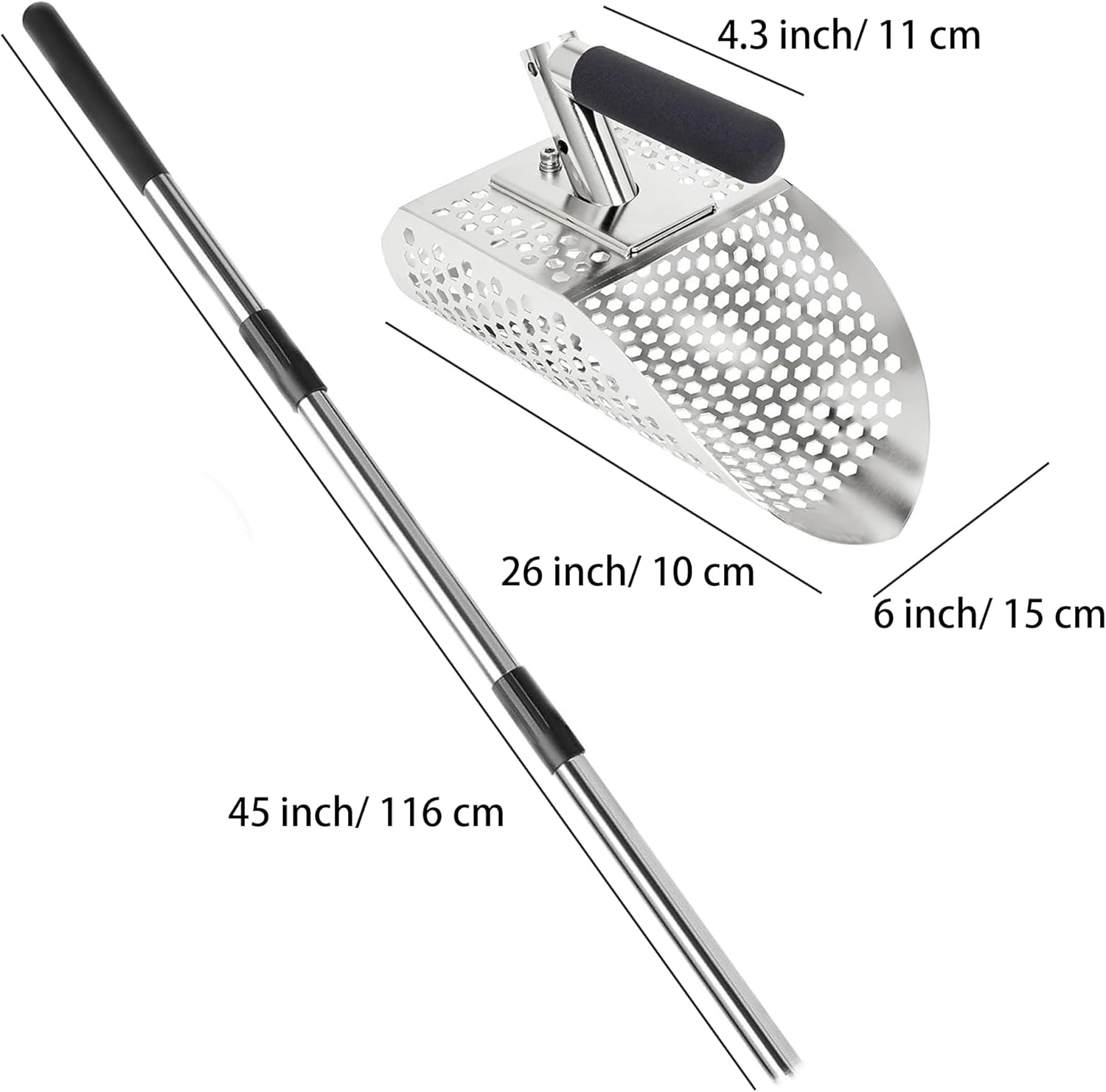 Sand Scoop for Metal Detecting, Heavy Duty Metal Detector Beach Finds Scoop, Stainless Steel Metal Detecting Tool Digging Shovel Fast Sifting Stainless Steel Shovel w/Long Handle