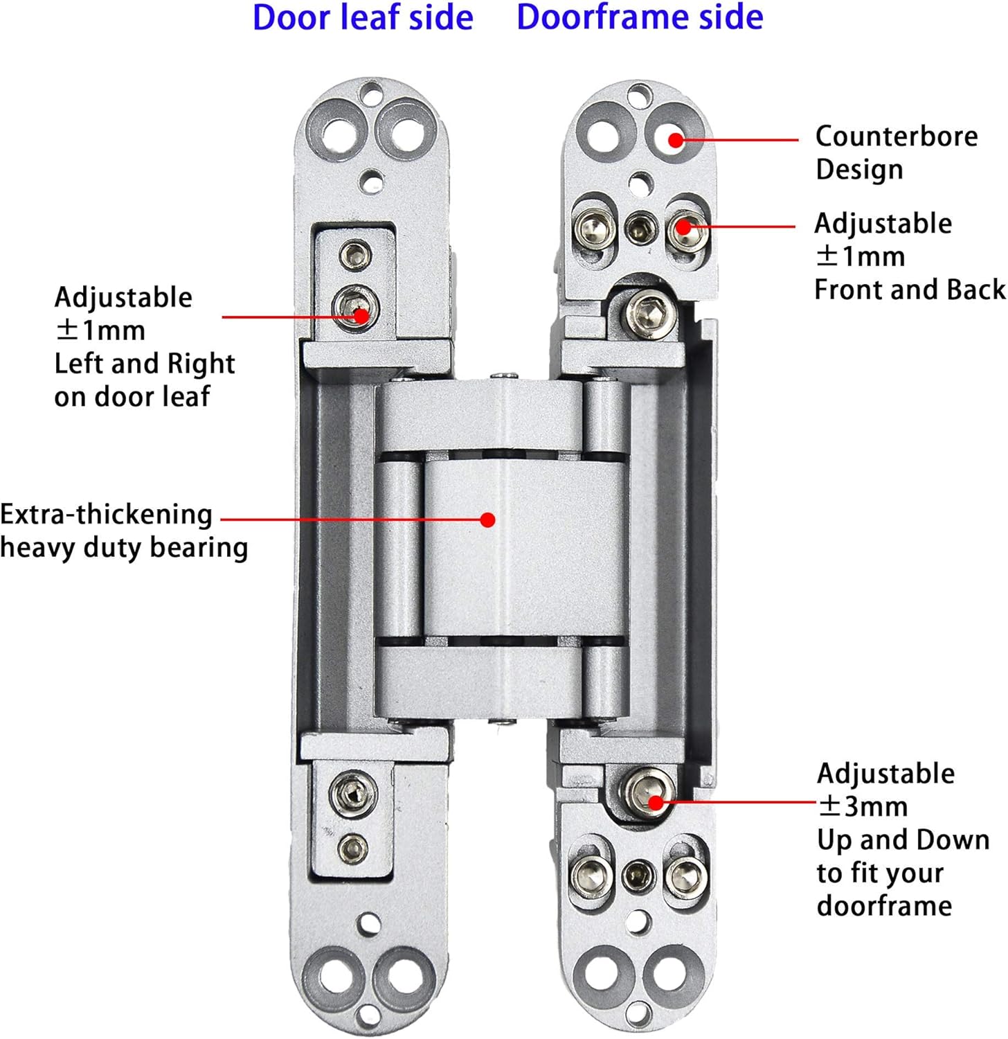 6inch Hidden Door Hinges Invisible Hinges Concealed Hinges Zinc Alloy 180 Degree Swing Hinge 3 Way Adjustable Butt Hinge 6 x 2.5 x 1 inch Silver Pack of 3