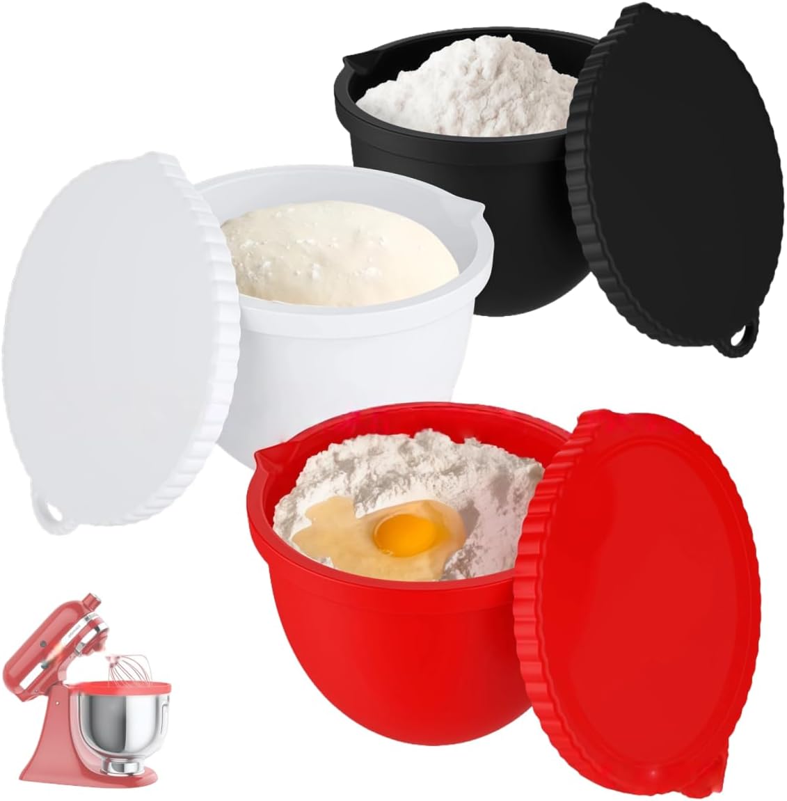 Upgraded Silicone Bowl Liners for KitchenAid 5 Qt Mixers,Thickened Silicone Liners Fits Tilt-Head Stand Mixers,Dishwasher Safe,Replacement Bowl Accessories for Baking Red & Black & White, 3