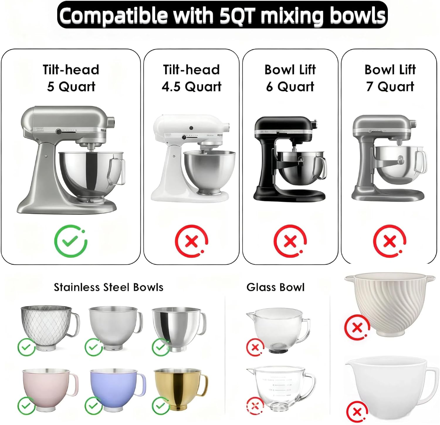 Upgraded Silicone Bowl Liners for KitchenAid 5 Qt Mixers,Thickened Silicone Liners Fits Tilt-Head Stand Mixers,Dishwasher Safe,Replacement Bowl Accessories for Baking Red & Black & White, 3