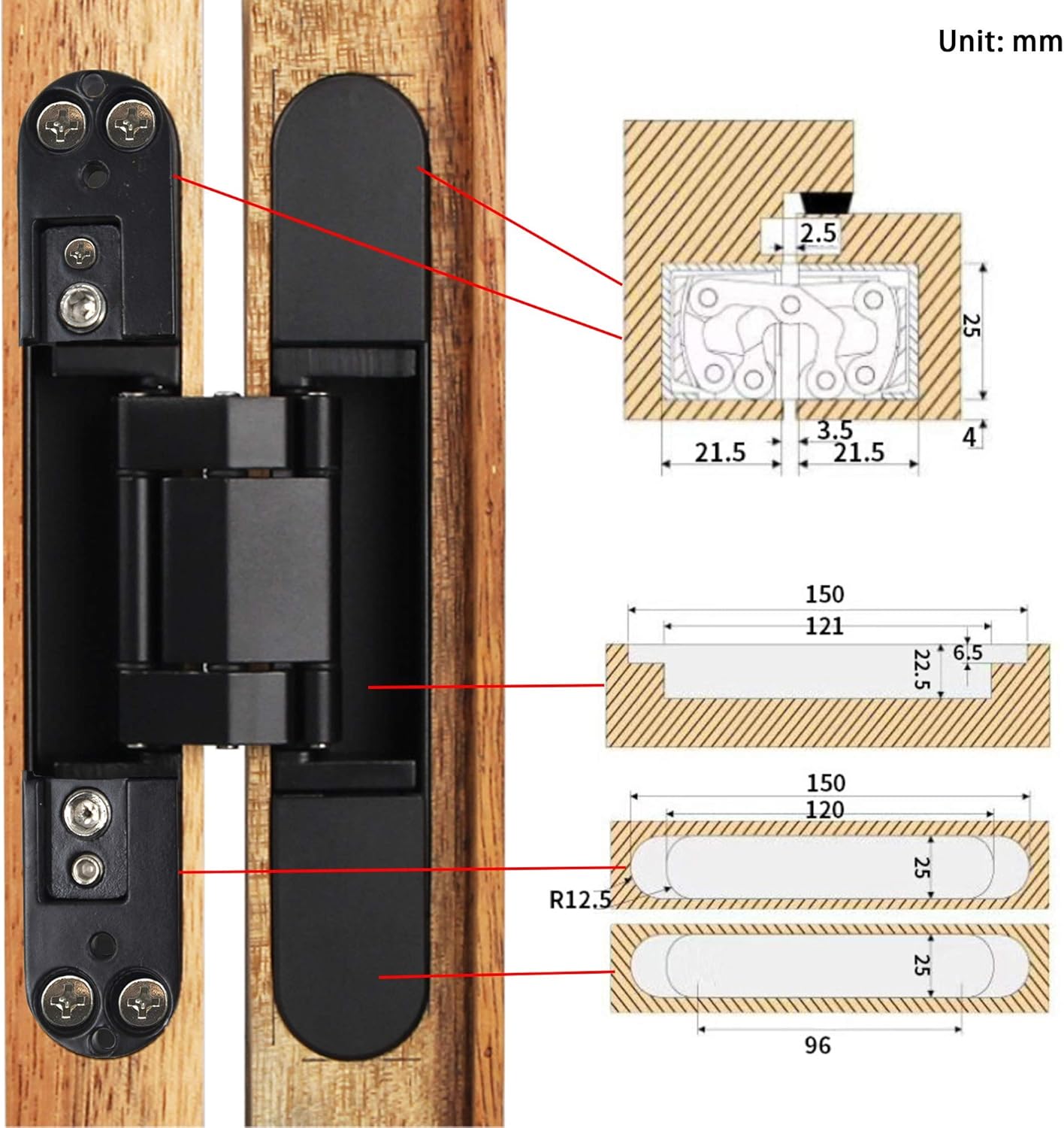 6 inch Hidden Door Hinges Invisible Hinges Concealed Hinges Zinc Alloy 180 Degree Swing Hinge 3 Way Adjustable Butt Hinge 6 x 2.5 x 1 inch Black Pack of 3