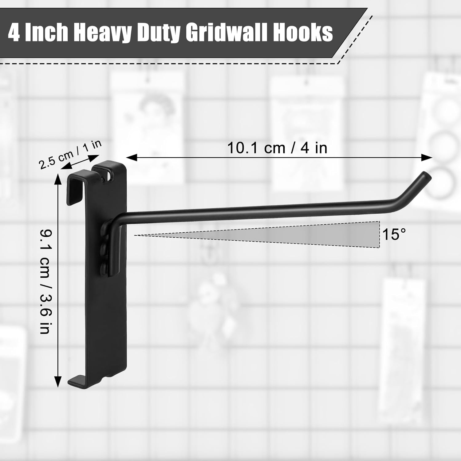 Gridwall Hooks - 4 Inch Heavy Duty Black Display Hooks for Grid Wall Panel Hanging 12Pcs