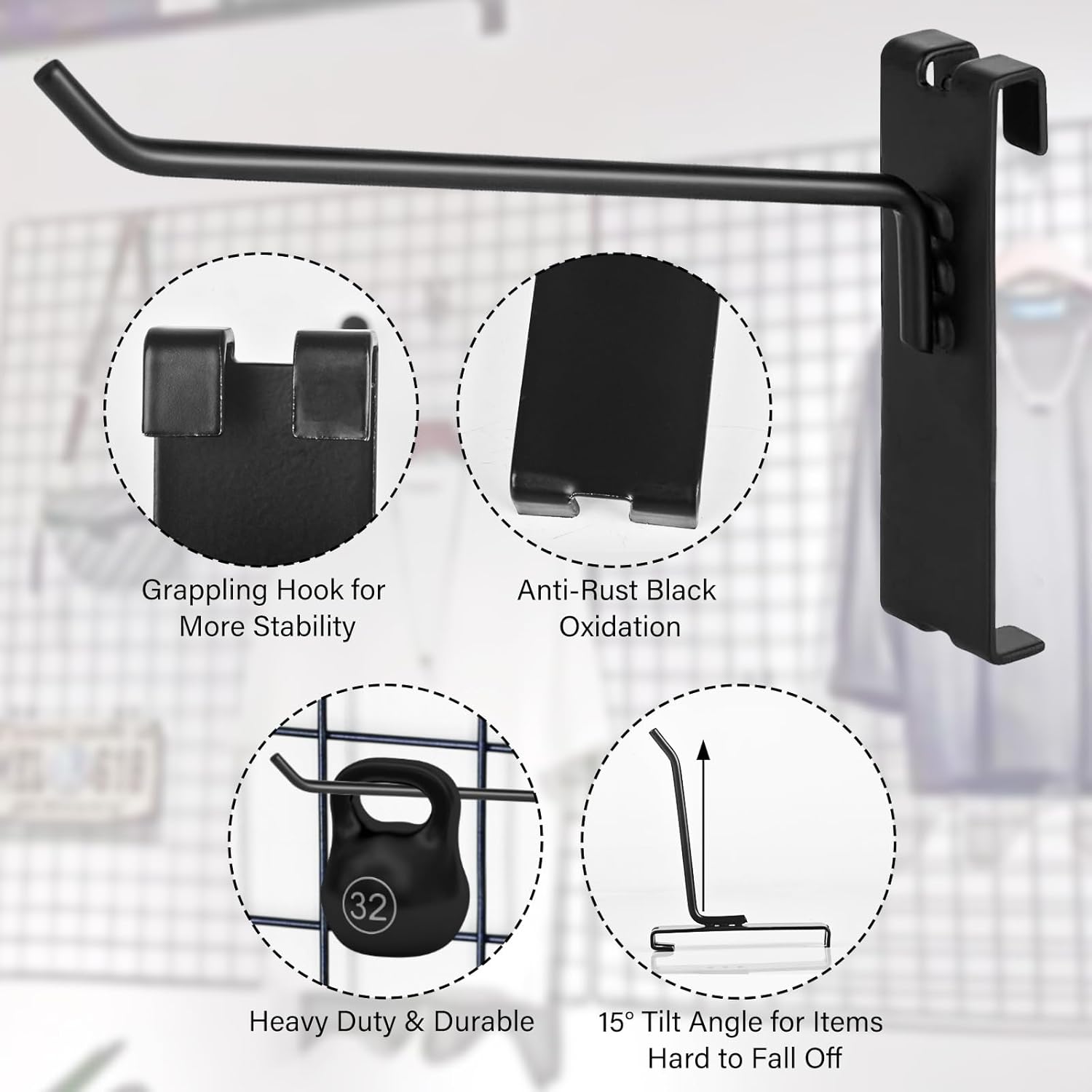 Gridwall Hooks - 4 Inch Heavy Duty Black Display Hooks for Grid Wall Panel Hanging 12Pcs