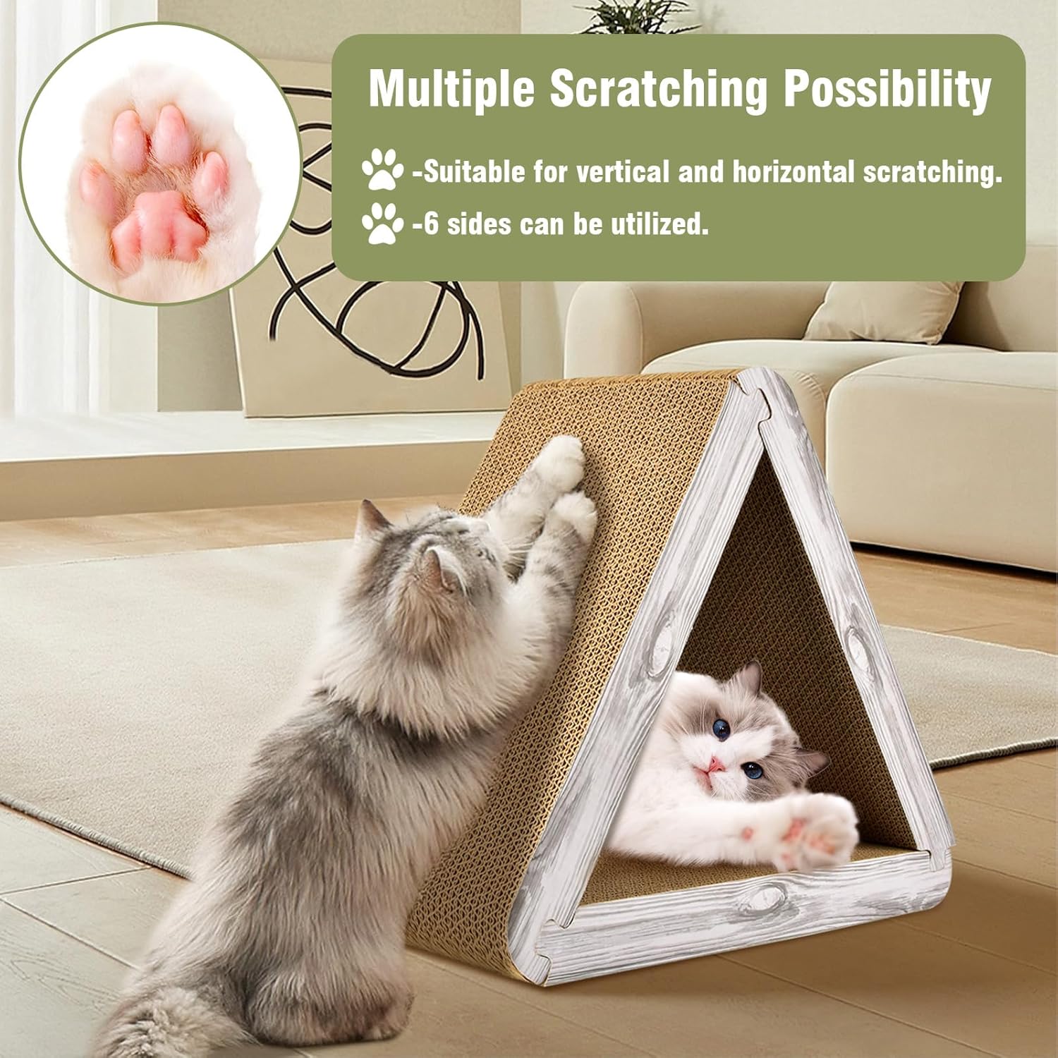 Foldable Triangle Cat Scratcher - 6 Usable Sides Cat Scratcher for Indoor Cats - Vertical Cat Board Pads