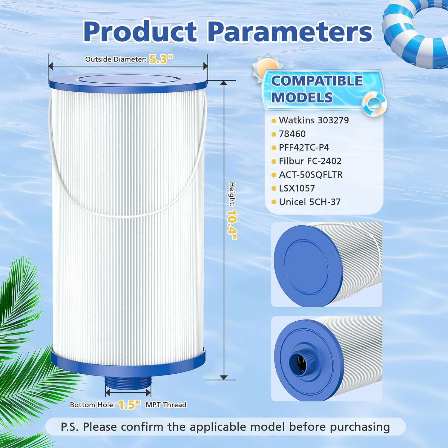 303279 Lifesmart Hot Tub Filter: Compatible with AquaTerra Spa Filter Replaces, Filbur FC-2402, 5CH-37, PFF42TC-P4, 78460, Freeflow, Bermuda, Aspire, Azure - 1.5" MPT Finer Thread Cartridge 2 Packs