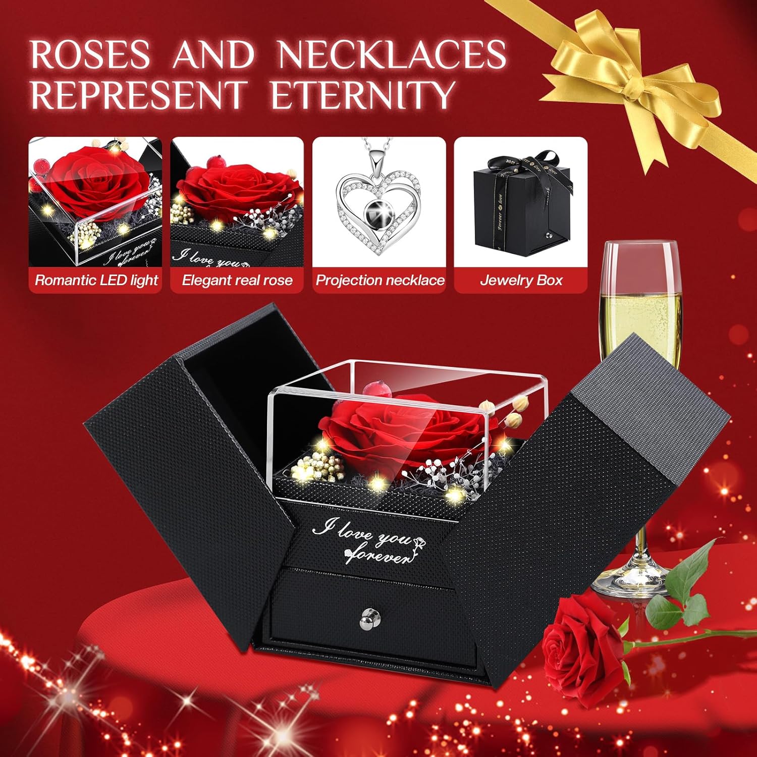 Preserved Red Real Rose Flowers in Box with I Love You in 100 Languages Necklace - Unique Gift for Women Mom Wife Girlfriend Mother's Day Valentine's Day, Birthday, Christmas