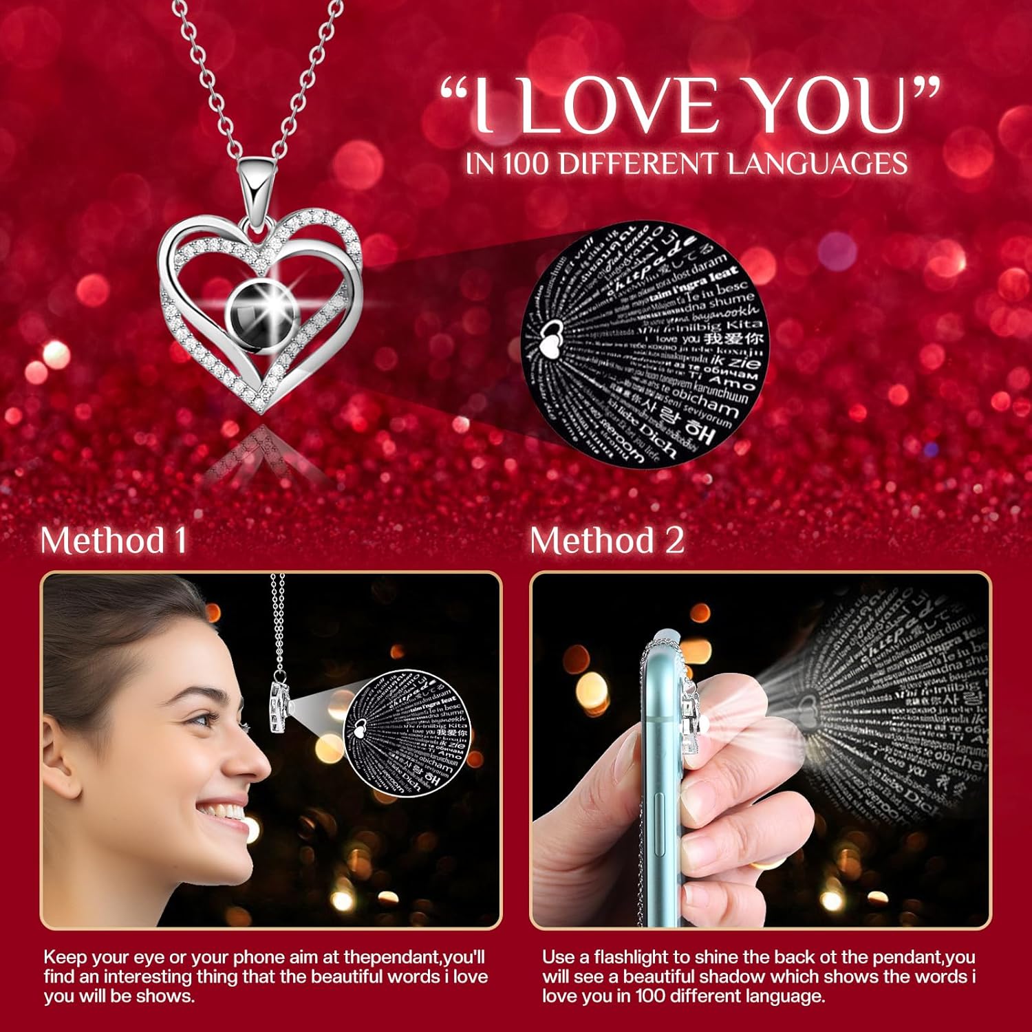 Preserved Red Real Rose Flowers in Box with I Love You in 100 Languages Necklace - Unique Gift for Women Mom Wife Girlfriend Mother's Day Valentine's Day, Birthday, Christmas