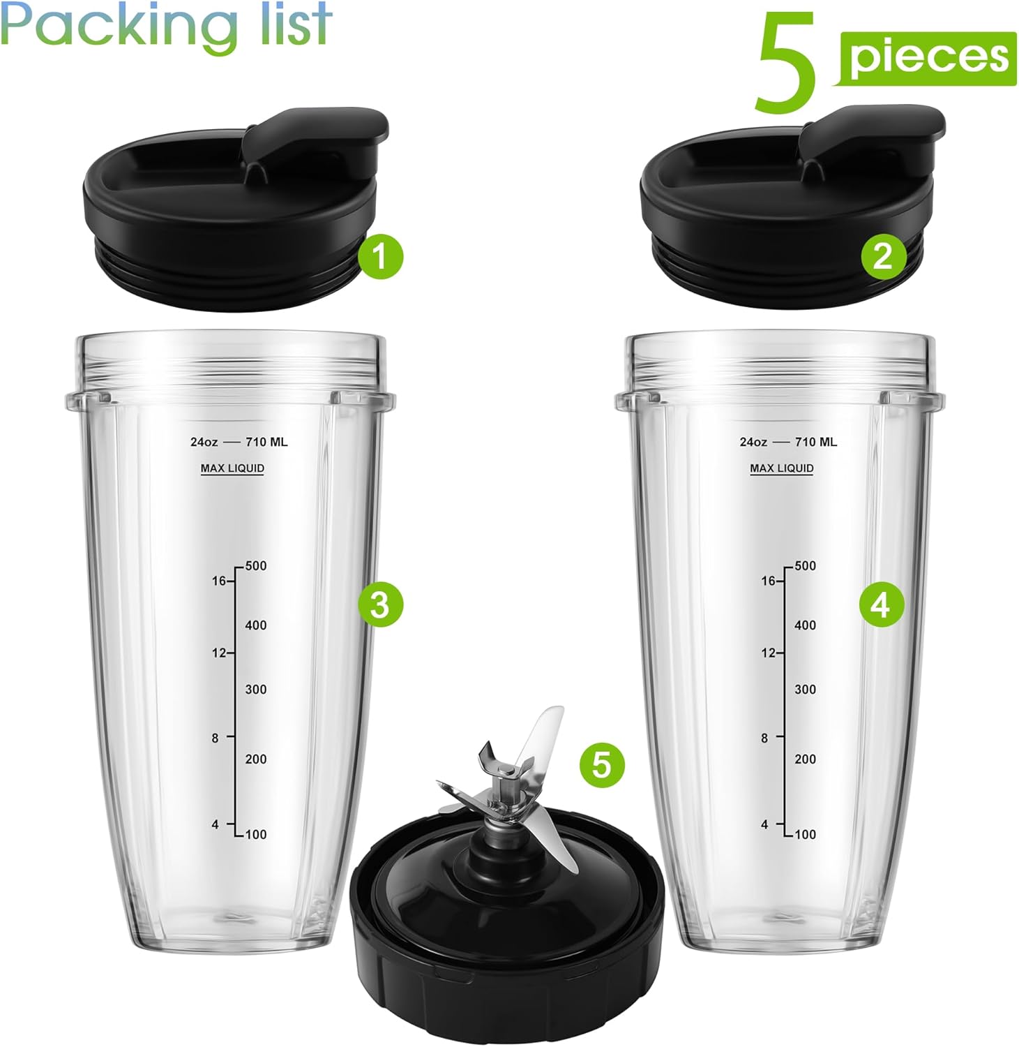 Blender Replacement Parts for Ninja, 24oz Ninja Blender Cups with To-Go Lids, 7 Fins Extractor Blade, Compatible with Nutri Ninja Auto iQ Blenders BL2012 BN801 BL480-30 BL640-30 BL642-30 NN100-30