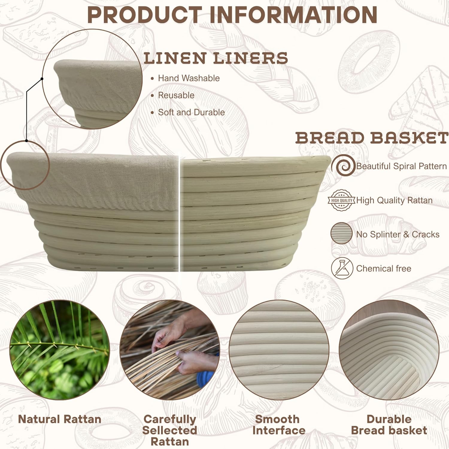 Upgraded Bannet Bread Proofing Basket 2 pack 10" Oval With Liner, Natural Rattan Bread Basket Perfect for Professial & Home Sourdough Bread Baking, Artisan Sourdough Bread. Set 2 pack 10" Oval