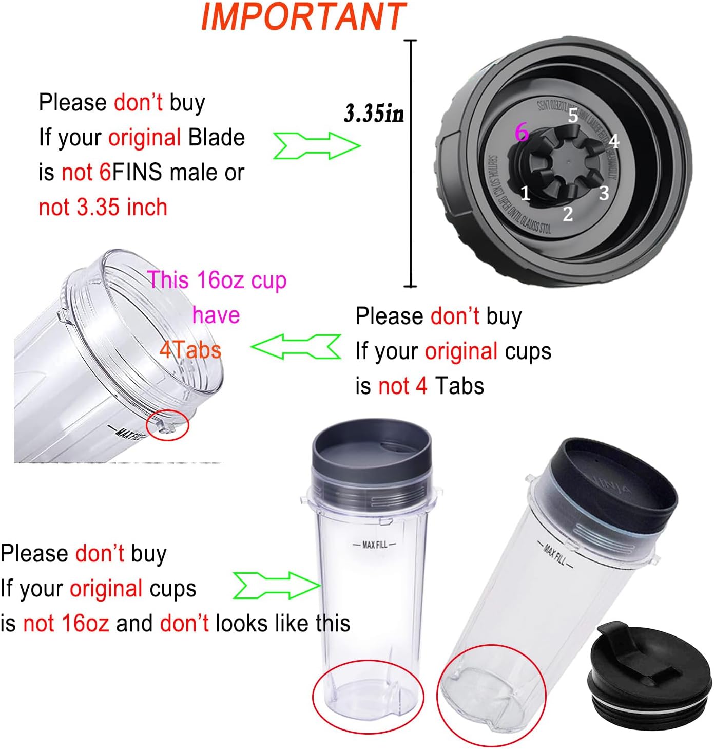 Replacement Parts for Nutri Ninja, 6Fin Blender Male Blade and cups Set for Blender BL660 BL770 BL780 BL740 etc. 5-pack