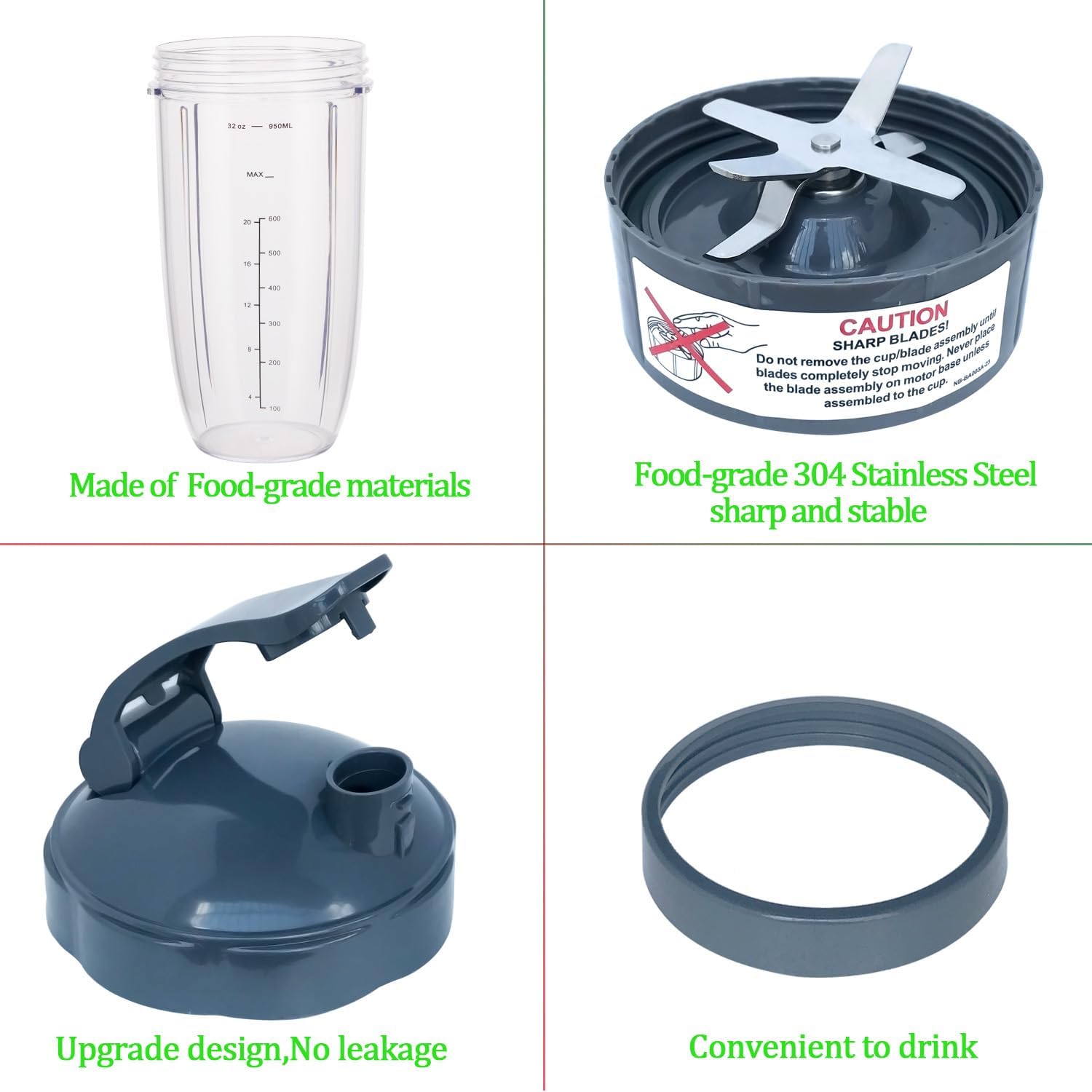 UPGRADE Replacement 32oz Blender Cups & Blade Part Compatible with NutriBullet 600w/900w Blender 5 Pieces