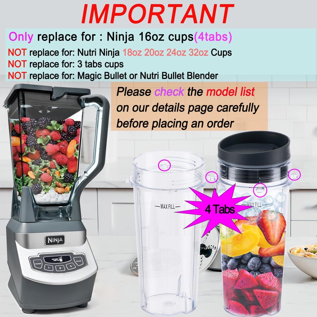 Replacement16oz Blender Cup for Ninja,Single Serve Blender Cup With Lids Set For BL770 BL780 BL660 BL740 BL810 Nutri Ninja Series Blenders 2-pack
