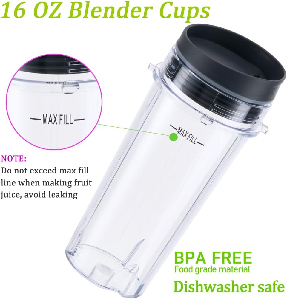 Replacement16oz Blender Cup for Ninja,Single Serve Blender Cup With Lids Set For BL770 BL780 BL660 BL740 BL810 Nutri Ninja Series Blenders 2-pack