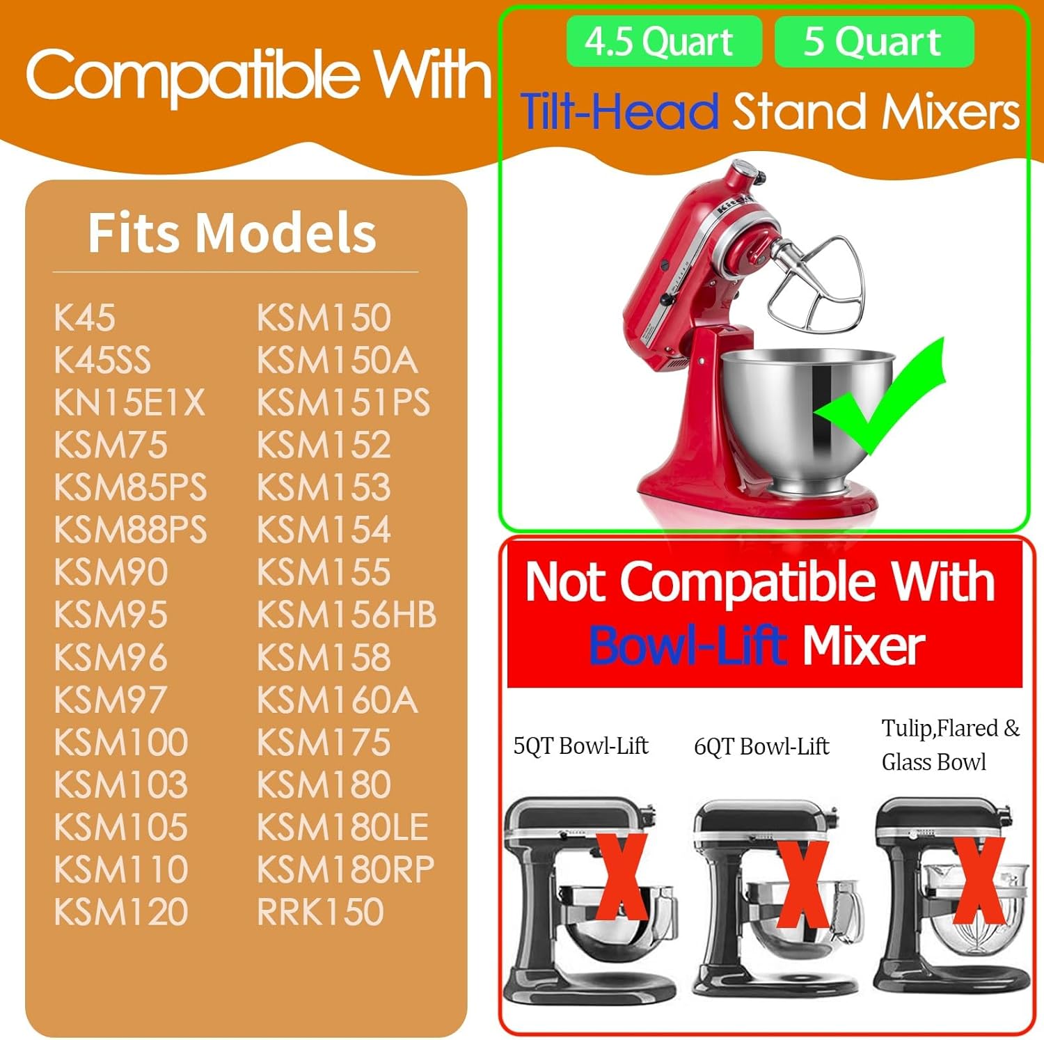 K45B Stainless Steel Flat Beater for Kitchenaid 4.5-5 Quart Tilt Head Stand Mixer, Polished Paddle Attachment for KitchenAid Mixer by ，Dishwasher Safe