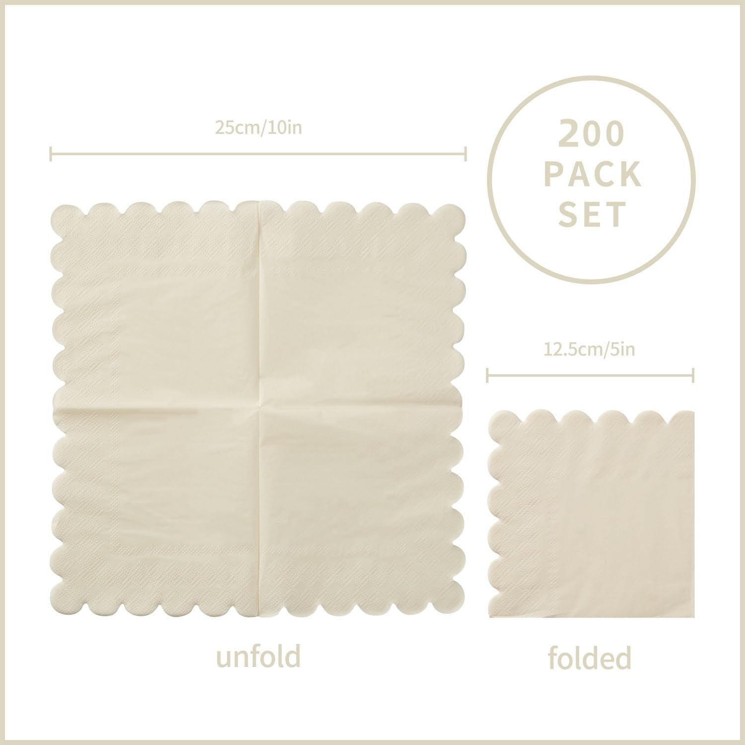 200 Pack Cocktail Napkin 2-Ply Scalloped Edged Dessert Napkins Folded 5 x 5 Inches Disposable Napkins for Dinner Wedding Birthday Party Bridal Anniversary Recepti Event Milky-White