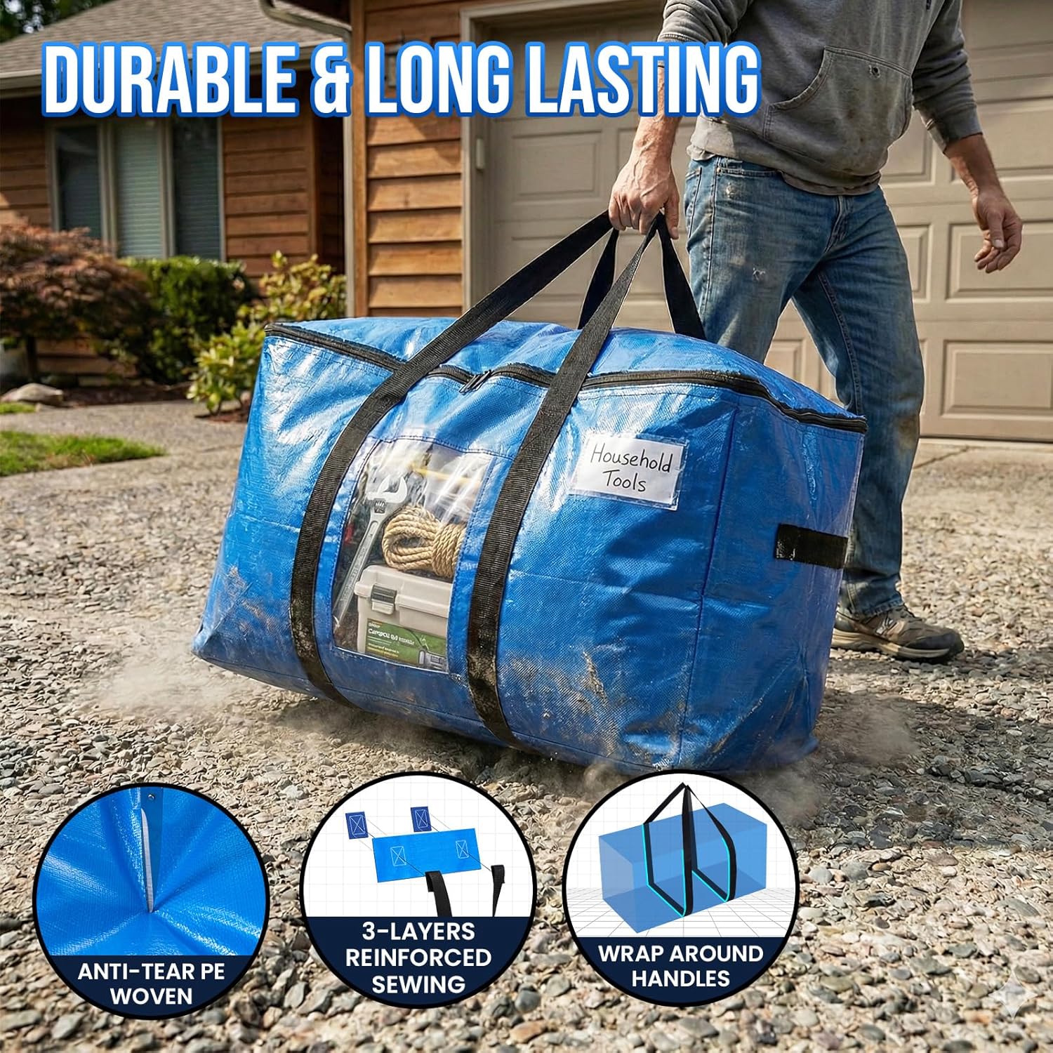Extra Large Moving Bags, 4 Pack Blue Heavy Duty Totes For Storage with Visible Window, Wrap Around Handles, Storage Bags for Space Saving, Alternative to Moving Boxes
