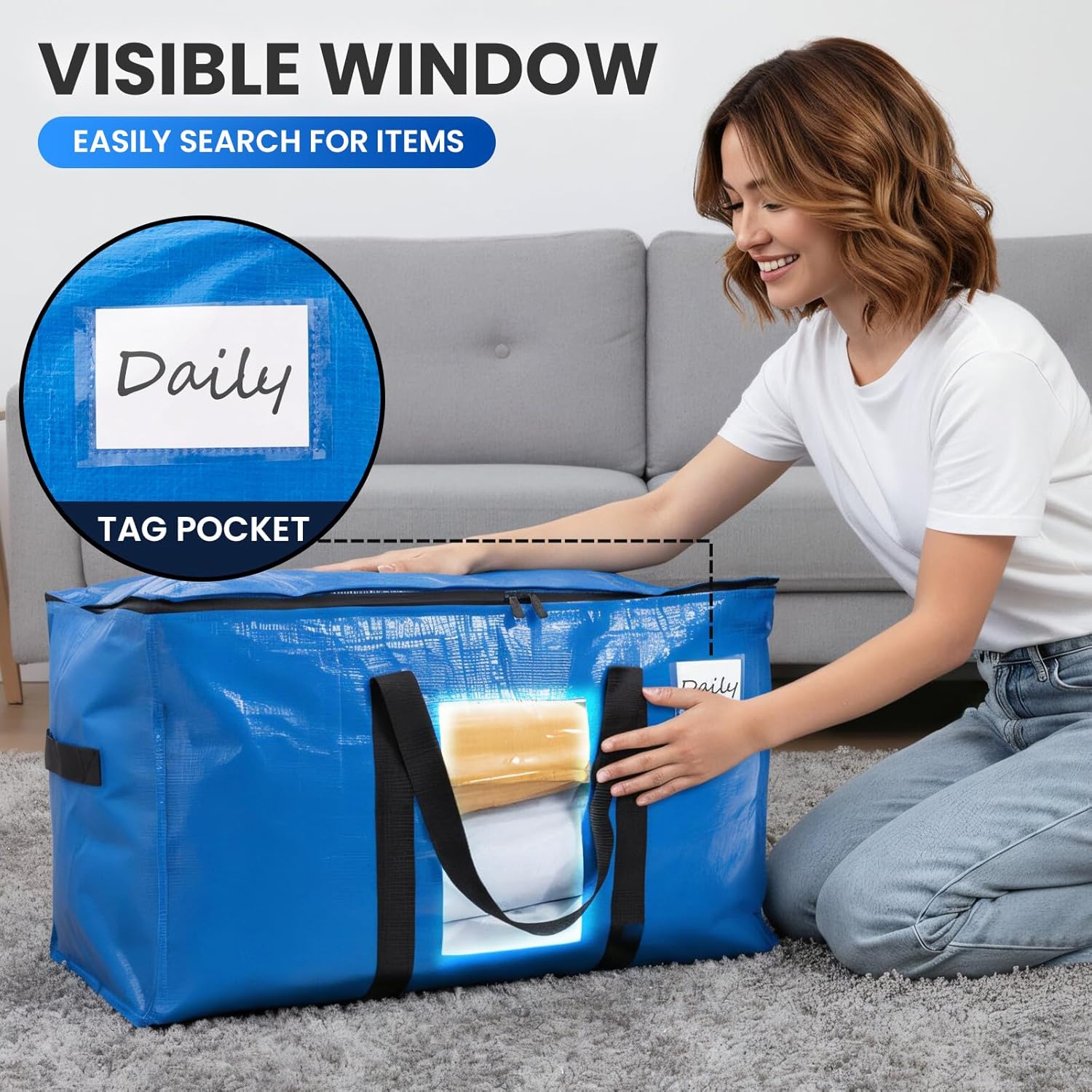 Extra Large Moving Bags, 4 Pack Blue Heavy Duty Totes For Storage with Visible Window, Wrap Around Handles, Storage Bags for Space Saving, Alternative to Moving Boxes