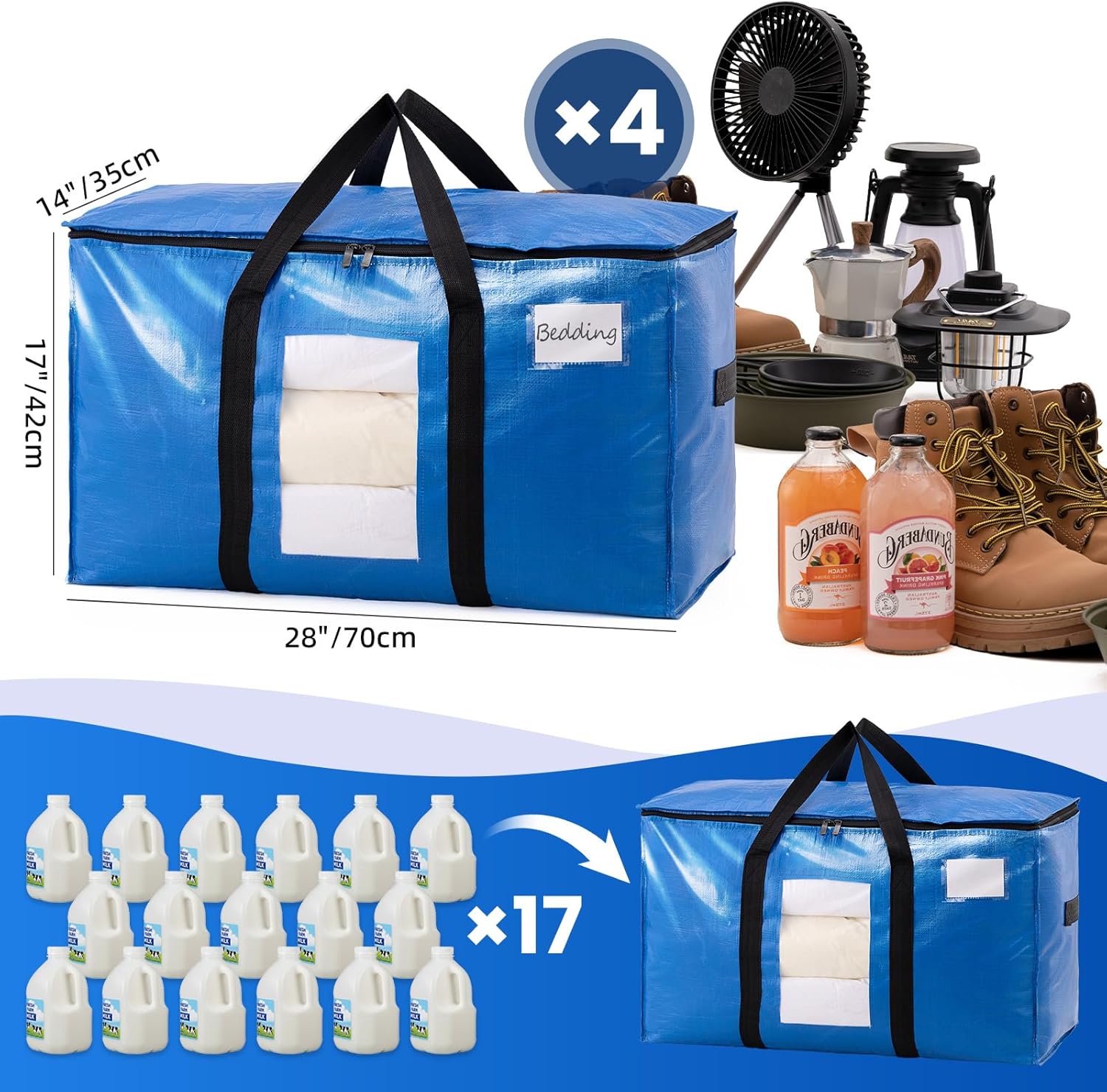 Extra Large Moving Bags, 4 Pack Blue Heavy Duty Totes For Storage with Visible Window, Wrap Around Handles, Storage Bags for Space Saving, Alternative to Moving Boxes