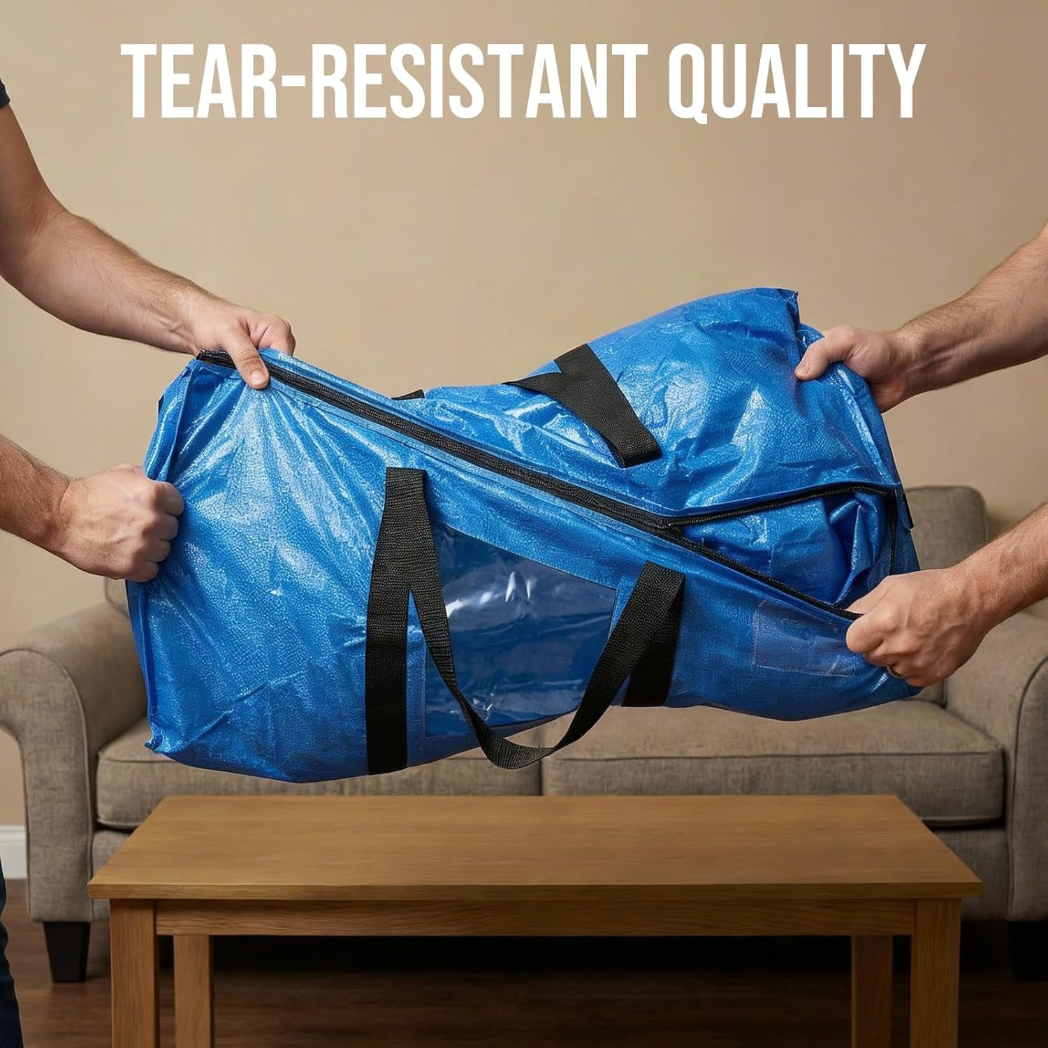 Extra Large Moving Bags, 4 Pack Blue Heavy Duty Totes For Storage with Visible Window, Wrap Around Handles, Storage Bags for Space Saving, Alternative to Moving Boxes