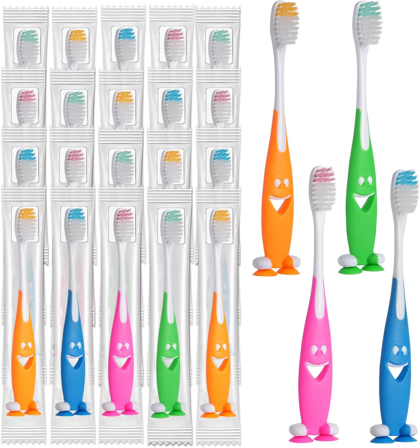 Petluno 100 Pack Kids Toothbrush Bulk Soft Bristles Toddler Cute with Suction Cup, Includes Travel Covers, Individually Wrapped Toothbrushes for Kid Home School Daycare Camp Shark Shark
