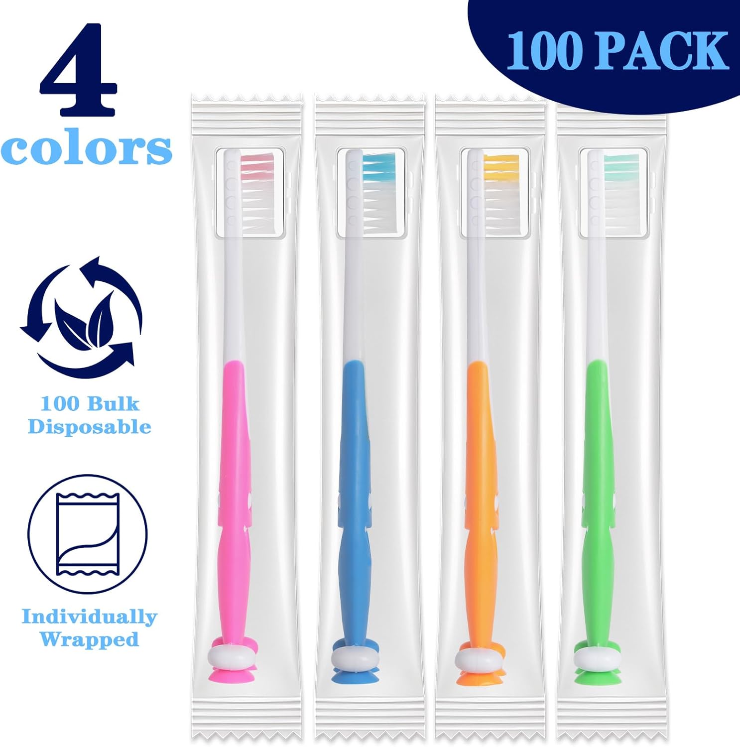 Petluno 100 Pack Kids Toothbrush Bulk Soft Bristles Toddler Cute with Suction Cup, Includes Travel Covers, Individually Wrapped Toothbrushes for Kid Home School Daycare Camp Shark Shark