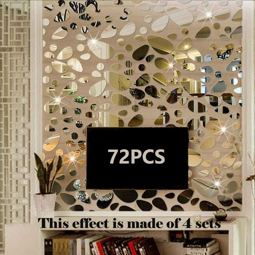Petluno 72Pcs Mirror Decals Wall Stickers - Cobblestone Shape DIY Decor for Home Room Bedroom Office Decoration Silver