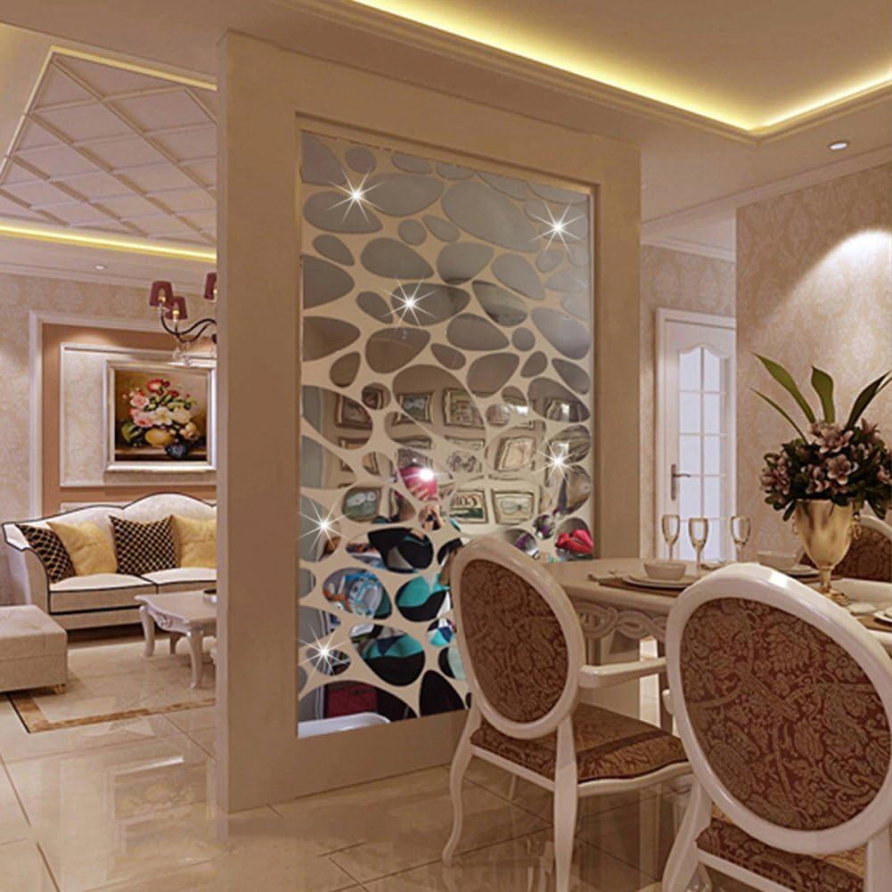 Petluno 72Pcs Mirror Decals Wall Stickers - Cobblestone Shape DIY Decor for Home Room Bedroom Office Decoration Silver