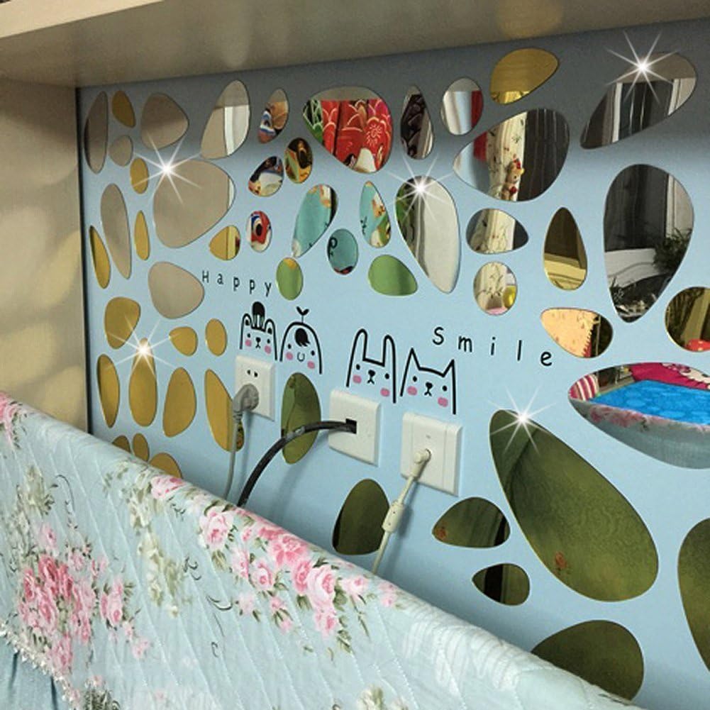 Petluno 72Pcs Mirror Decals Wall Stickers - Cobblestone Shape DIY Decor for Home Room Bedroom Office Decoration Silver