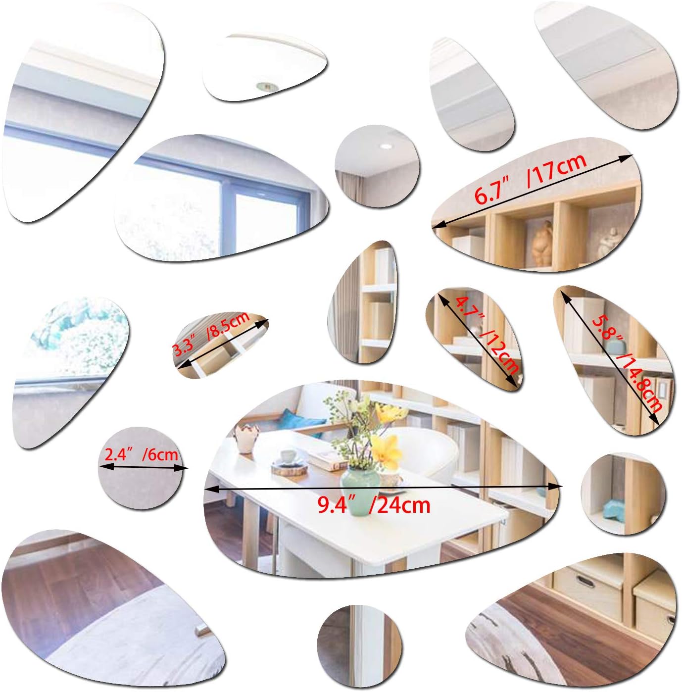 Petluno 72Pcs Mirror Decals Wall Stickers - Cobblestone Shape DIY Decor for Home Room Bedroom Office Decoration Silver