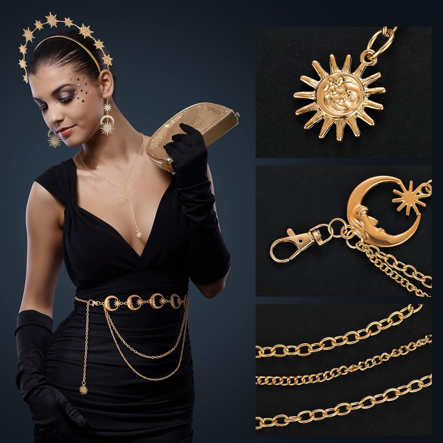 Glenmal 4 Pieces Celestial Jewelry Moon Stars Crown Necklaces and Body Chain Headband Drop Earrings for Women