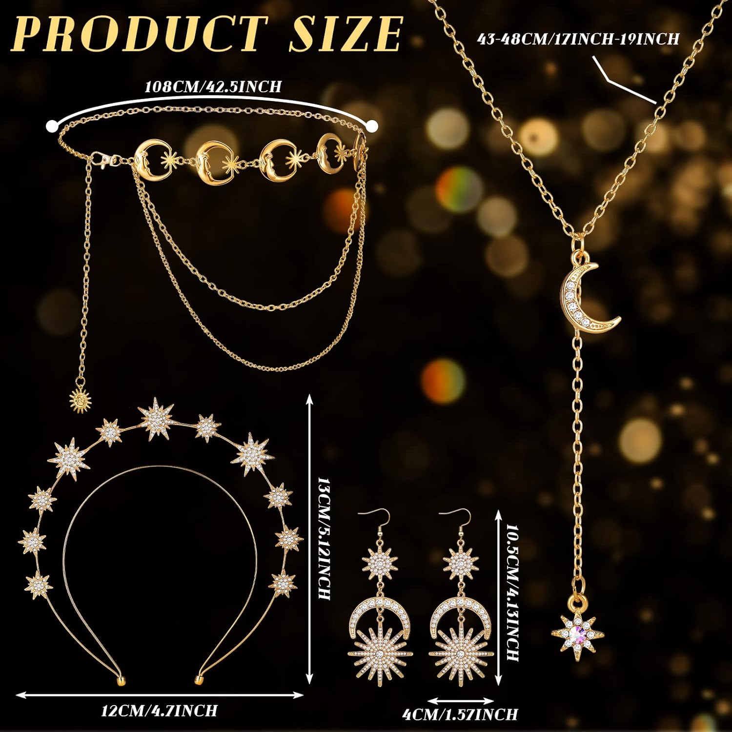 Glenmal 4 Pieces Celestial Jewelry Moon Stars Crown Necklaces and Body Chain Headband Drop Earrings for Women