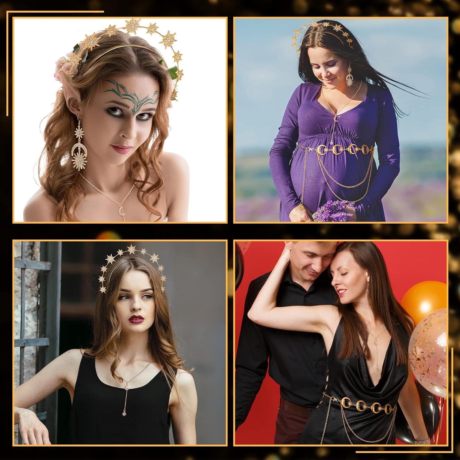 Glenmal 4 Pieces Celestial Jewelry Moon Stars Crown Necklaces and Body Chain Headband Drop Earrings for Women
