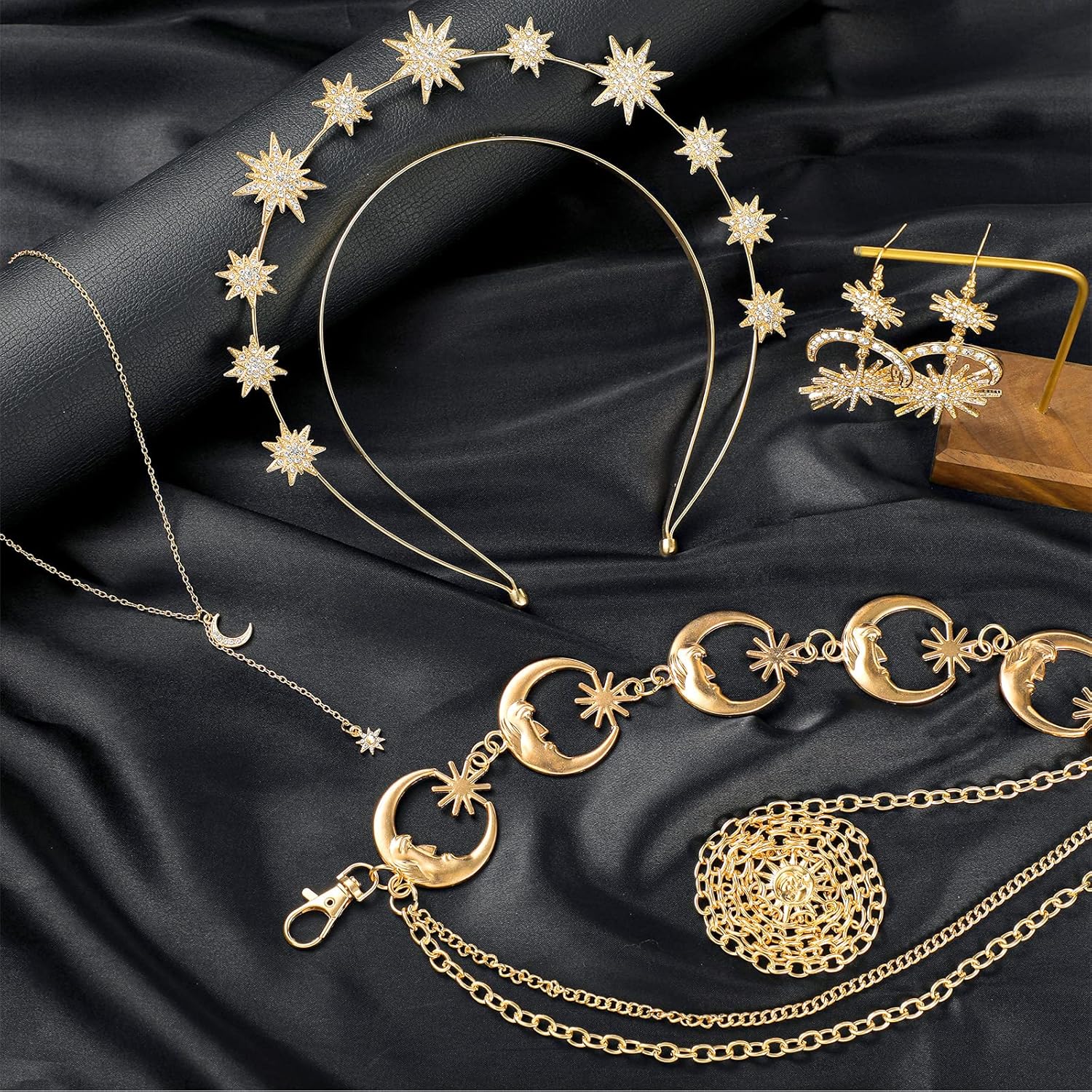 Glenmal 4 Pieces Celestial Jewelry Moon Stars Crown Necklaces and Body Chain Headband Drop Earrings for Women