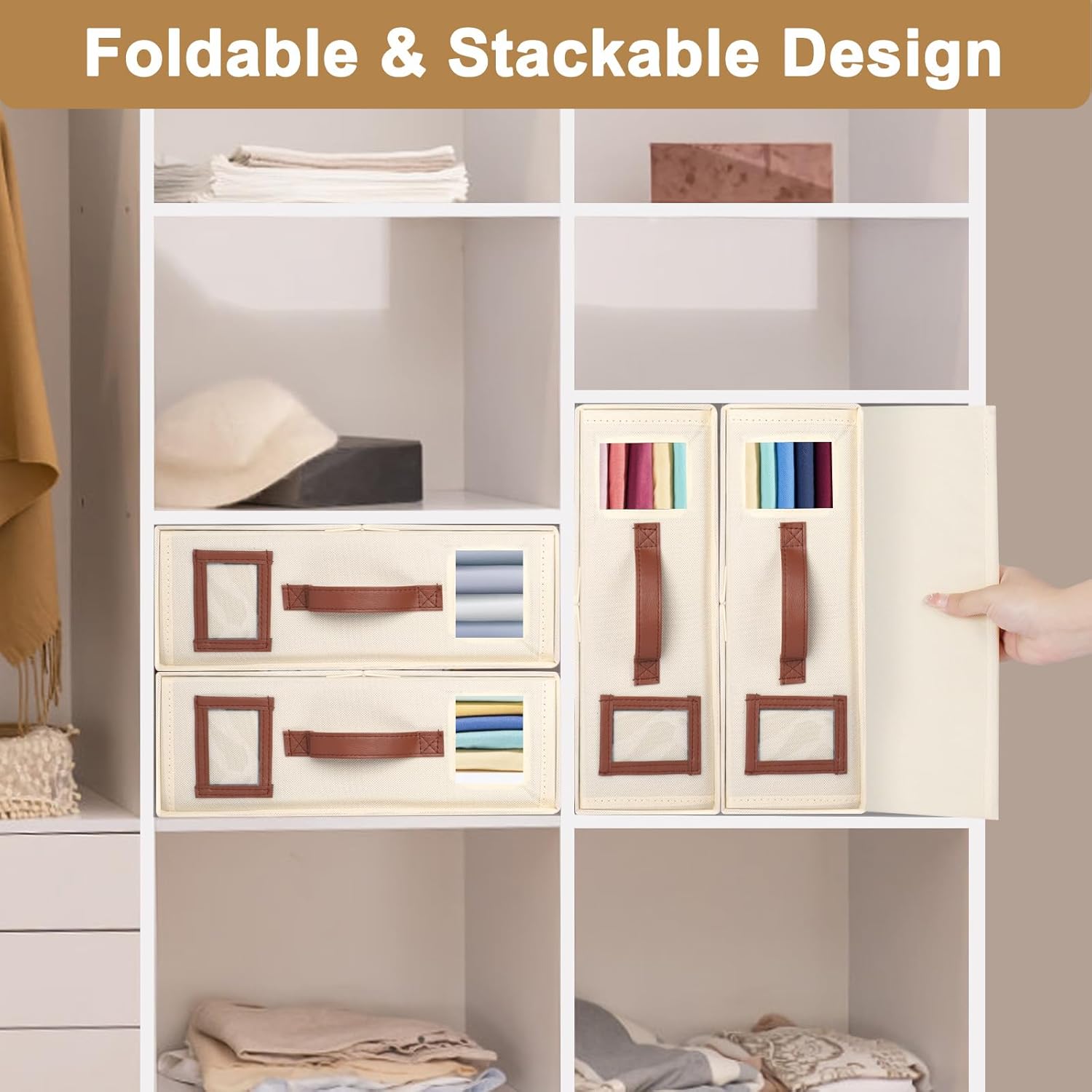 4 Pack Bed Sheet Organizers and Storage, Foldable Sheet Organizer for Linen Closet, Bed Sheet Holders with Window, Beige Bedding Storage Box for Bedsheets, Blanket and Pillow - Queen & King Size